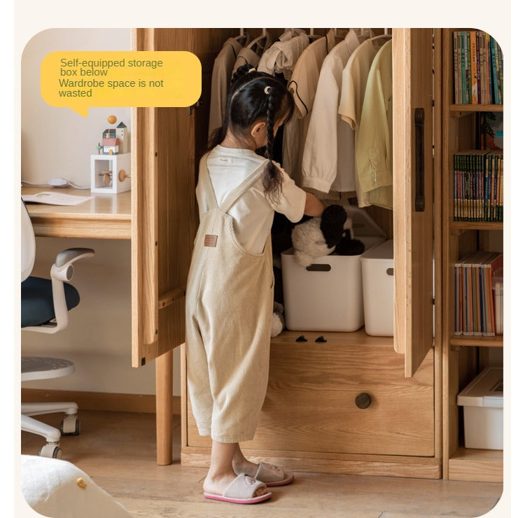 Premium Oak Solid Wood Kids Wardrobe - Multi-Functional Storage Organizer for Clothes, Toys & Books - Perfect for Bedroom, Nursery & Playroom Organization