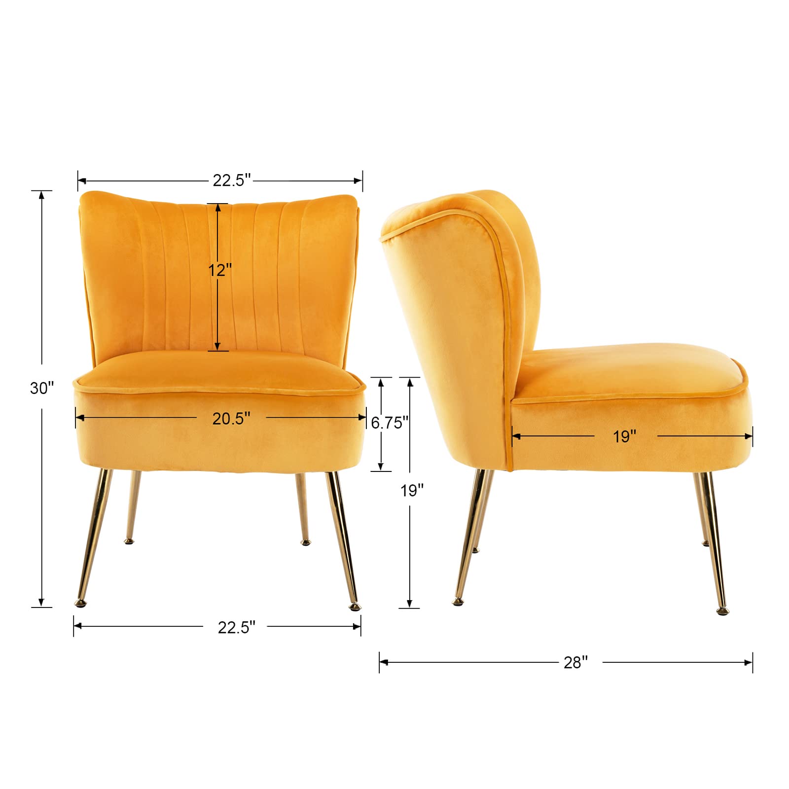 Velvet Accent Chair Set of 2 - Mid Century Modern Armless Slipper Chairs with Golden Legs for Living Room, Bedroom & Guest Room - Soft Wingback Design for Comfortable Seating - Perfect for Home Decor, Lounge & Relaxation