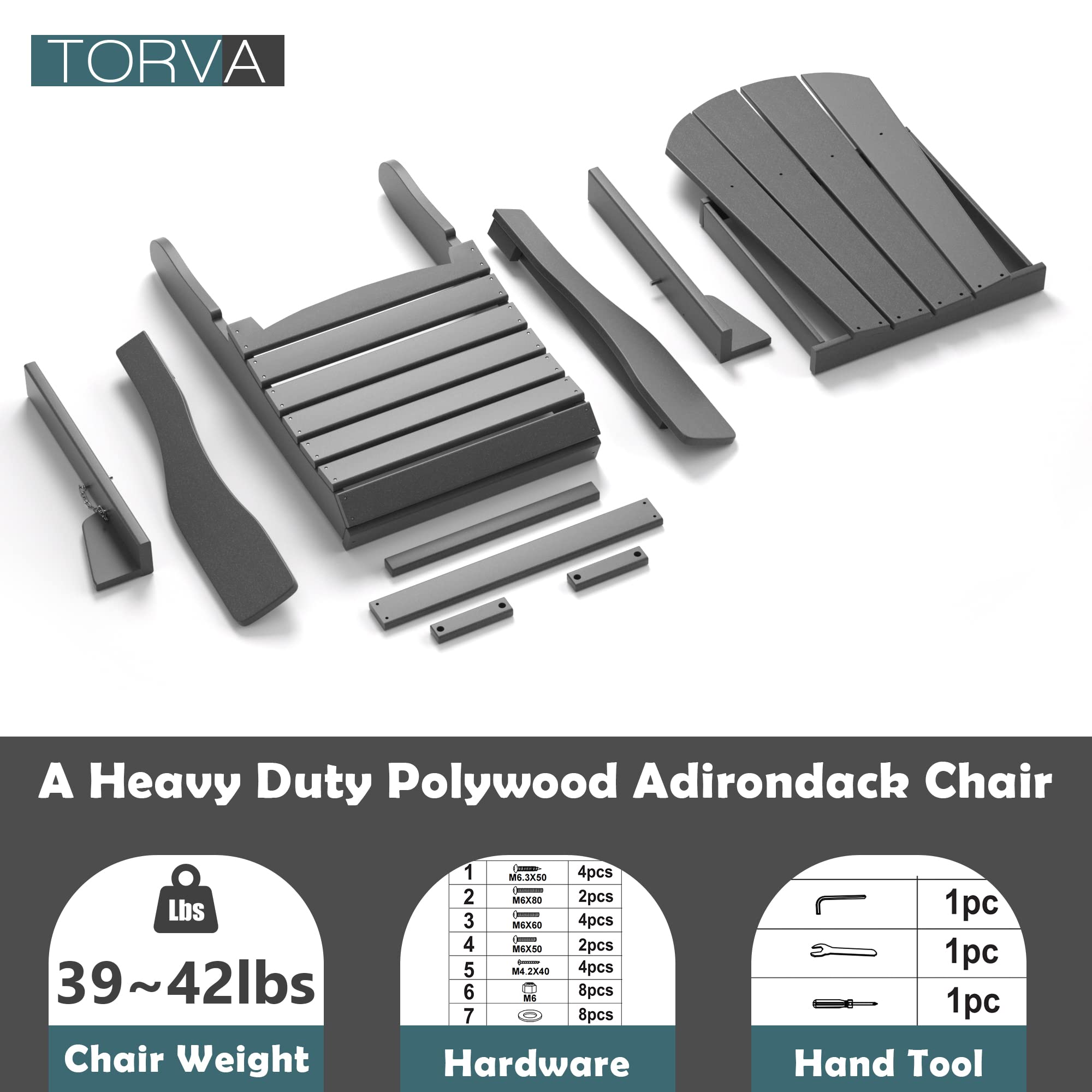 TORVA Folding Adirondack Chair - All-Weather HDPE Resin Outdoor Patio Chair for Backyard, Garden, Deck, Beach & Camping - Fire Pit & BBQ Companion (Gray) - Perfect for Relaxing, Sunbathing & Outdoor Gatherings