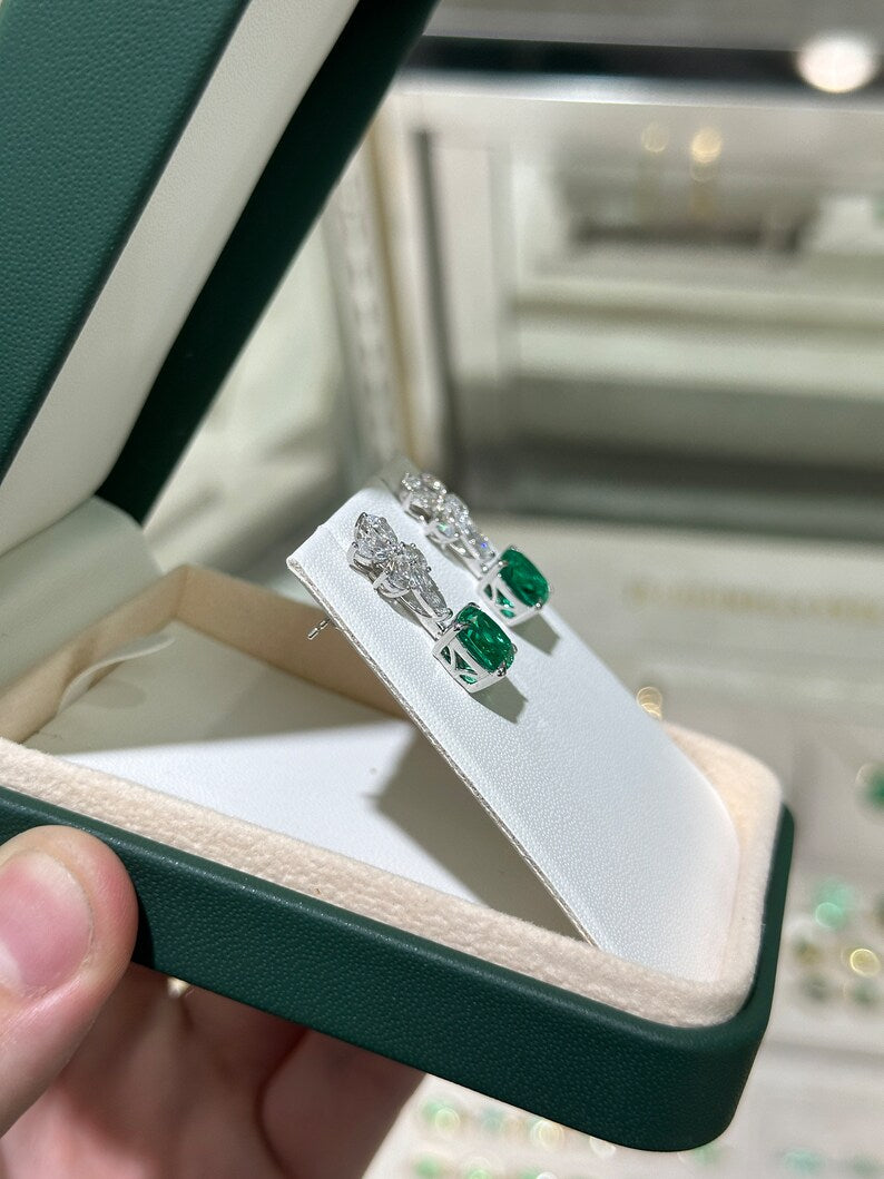 5.45tcw 14K Gold Cushion Cut Emerald & Diamond Floral Dangle Earrings - AAA+ Lab Created Gemstones for Women, Wedding, Anniversary & Special Occasion Jewelry Gift