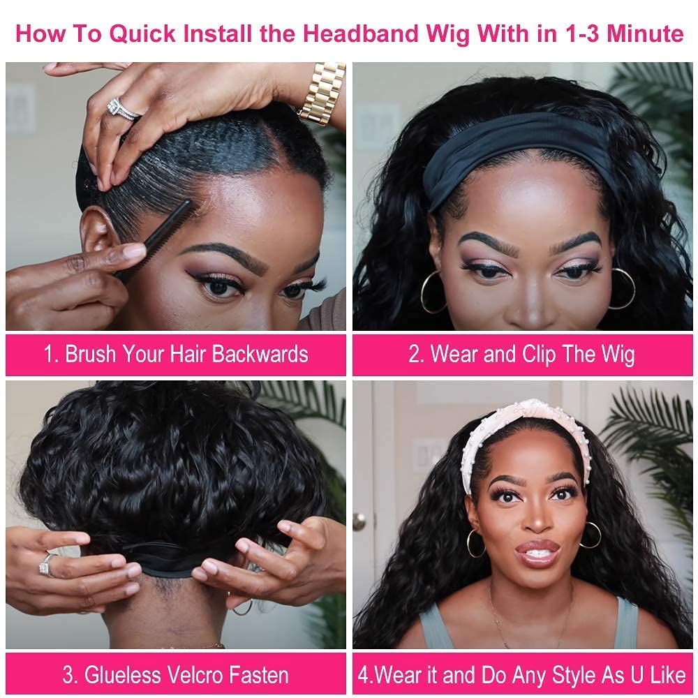 10 Inch Curly Headband Wig - 150% Density Glueless Human Hair Wig with Attached Headband | Brazilian Virgin Hair | No Lace Front | Perfect for Daily Wear, Parties & Cosplay