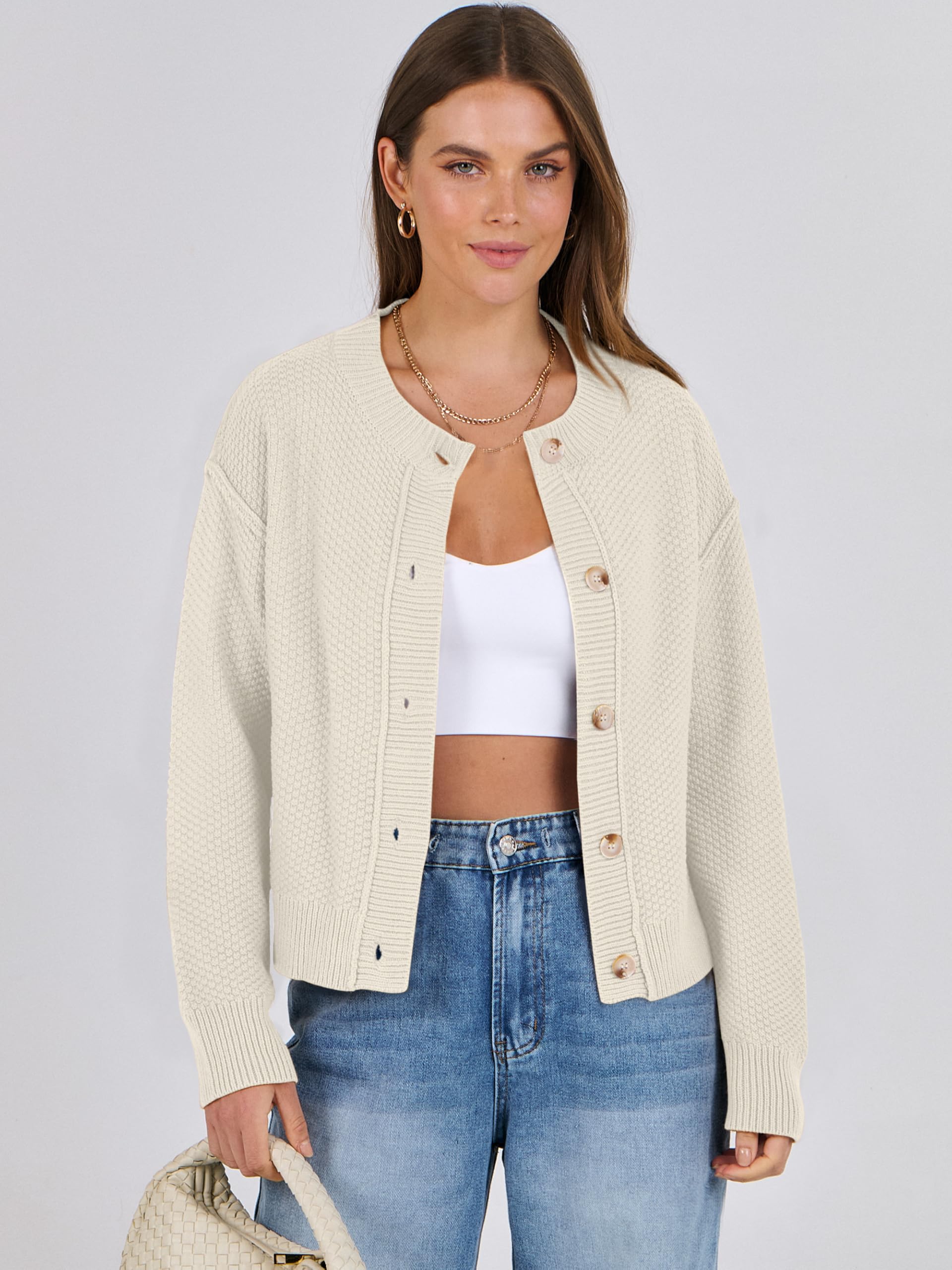 ANRABESS Women's Lightweight Cropped Cardigan Sweater - 2024 Fall Winter Knit Waffle Button Up Jacket Coat for Women | Casual Office Wear, Layering Piece, Cold Weather Fashion