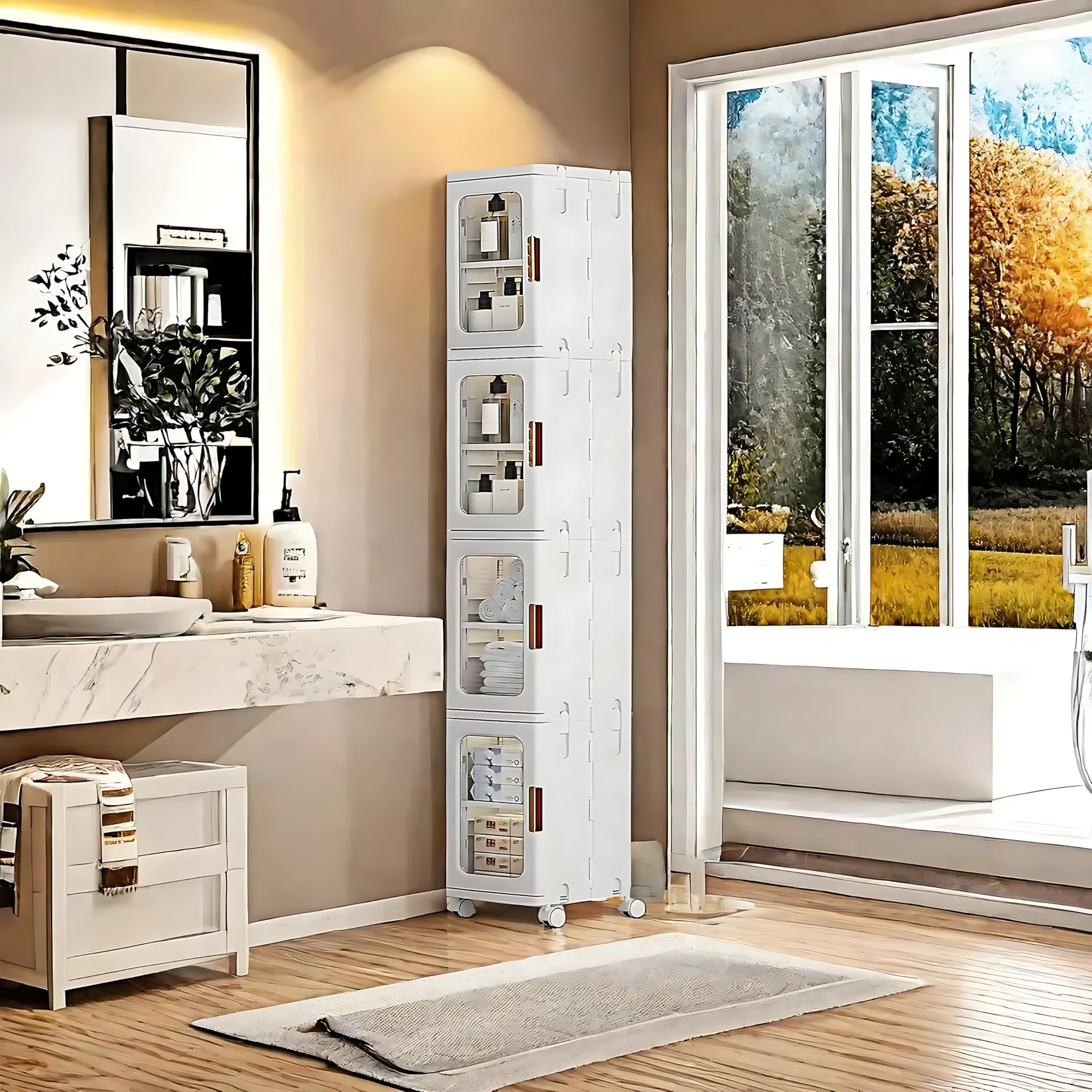 4-Tier Slim Tall Bathroom Storage Cabinet with Adjustable Shelves & Doors - Freestanding Narrow Linen Organizer for Small Spaces, Laundry Room & Bathroom Organization | Perfect for Towels, Toiletries & Cleaning Supplies