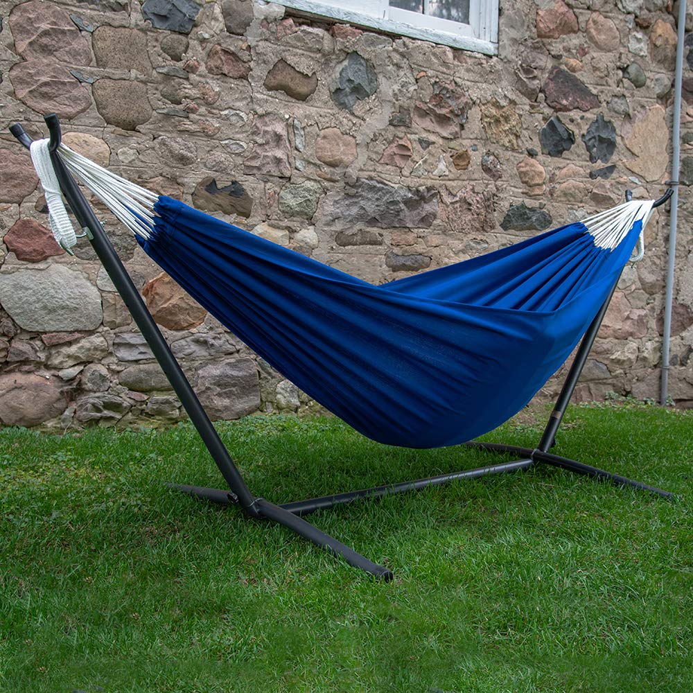 Vivere Double Hammock with Space-Saving Steel Stand & Carry Bag - 450 lb Capacity, Royal Blue - Perfect for Backyard, Camping, Beach & Outdoor Relaxation