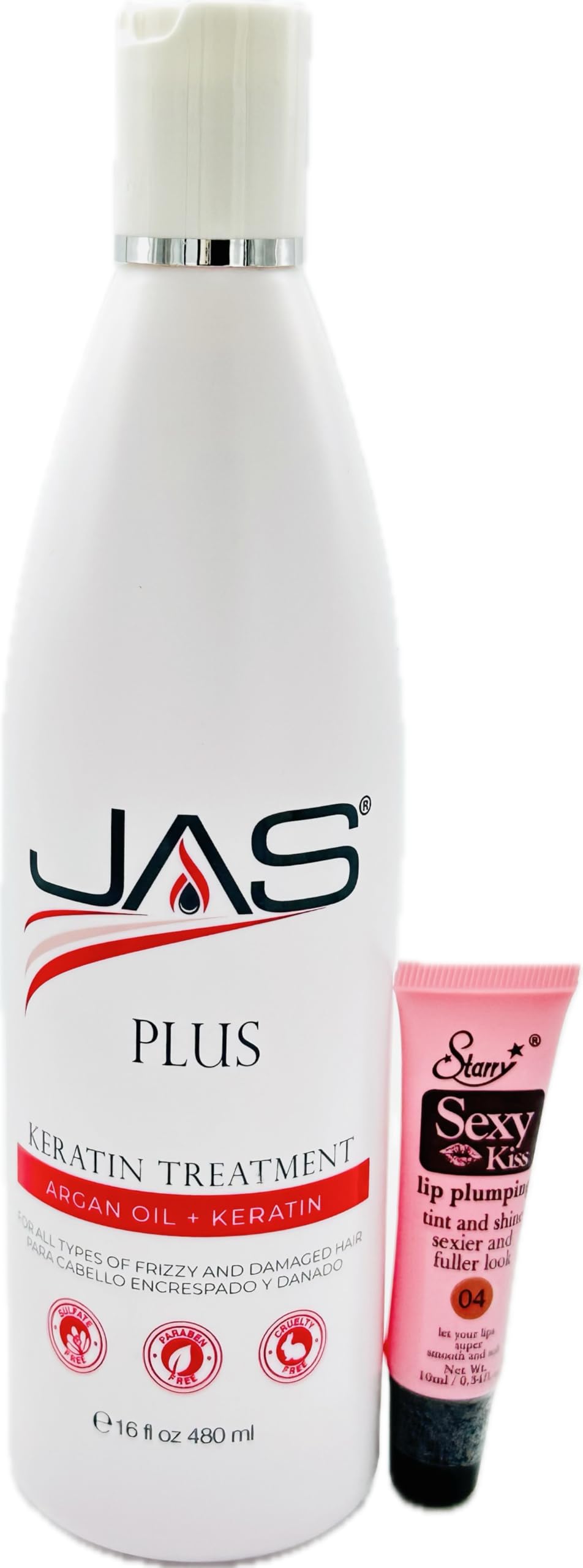 JAS Plus Keratin 3 Smoothing Treatment with Argan Oil - 16 fl oz/480 ml for Frizzy & Damaged Hair - Includes Free Starry Lip Plumping Gloss 10ml | Salon-Quality Hair Repair for Smooth, Shiny Locks at Home or Professional Use