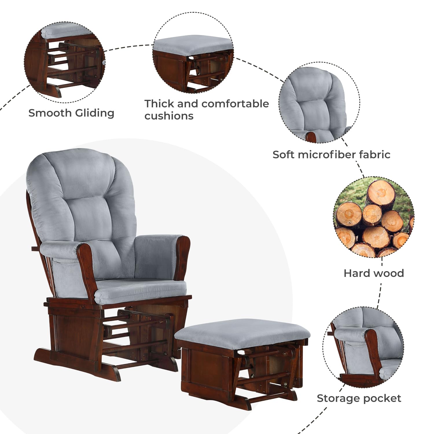 Lennox Furniture Glider Rocker Combo - Chestnut & Gray Upholstered Nursery Chair with Storage | Perfect for Baby Nurseries, Breastfeeding & Relaxing in Living Rooms