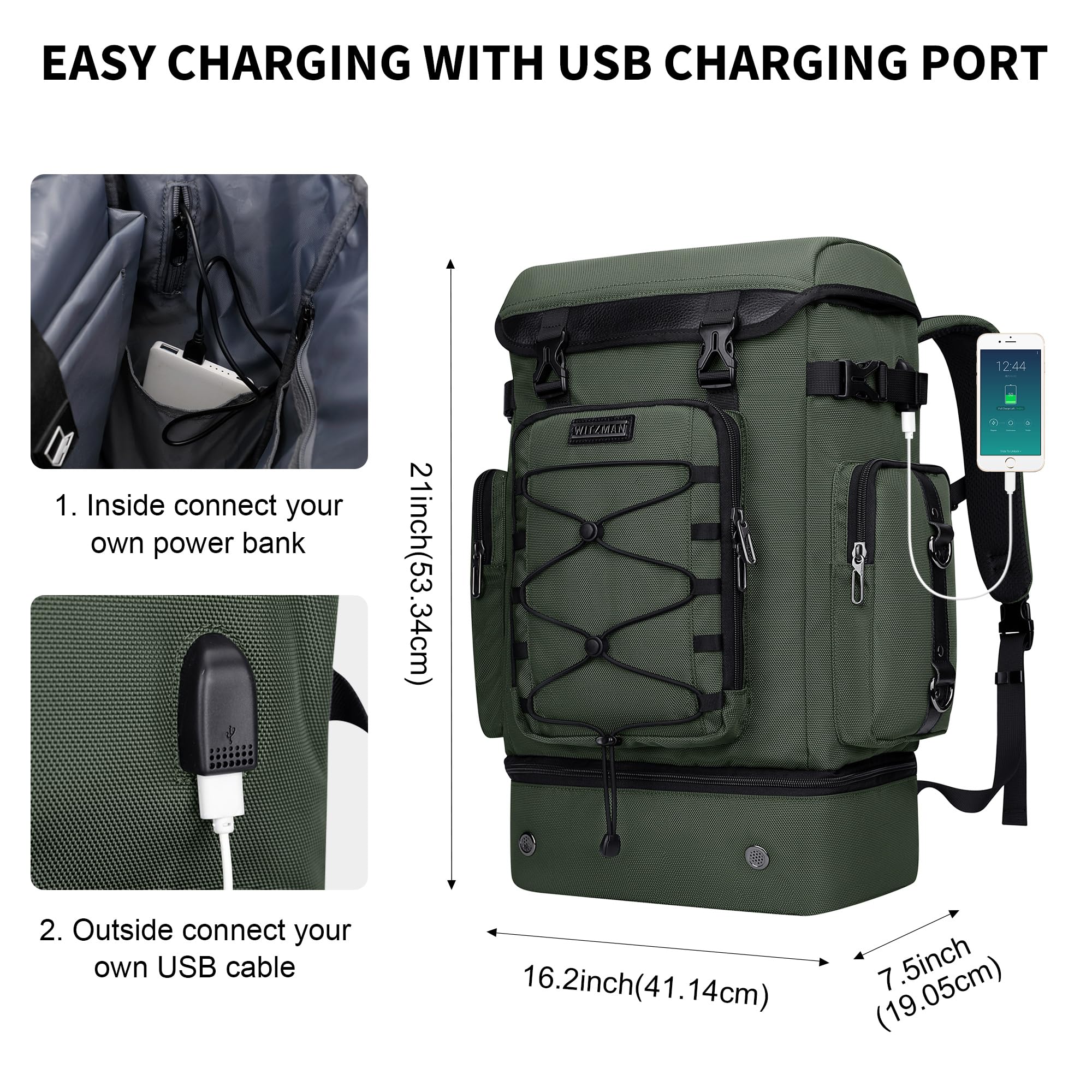 WITZMAN Travel Backpack for Men & Women - Airline Approved Carry On Backpack with Shoe Compartment & Convertible Duffle Design (B691 Light Green) - Perfect for Business Trips, Weekend Getaways & Gym Use