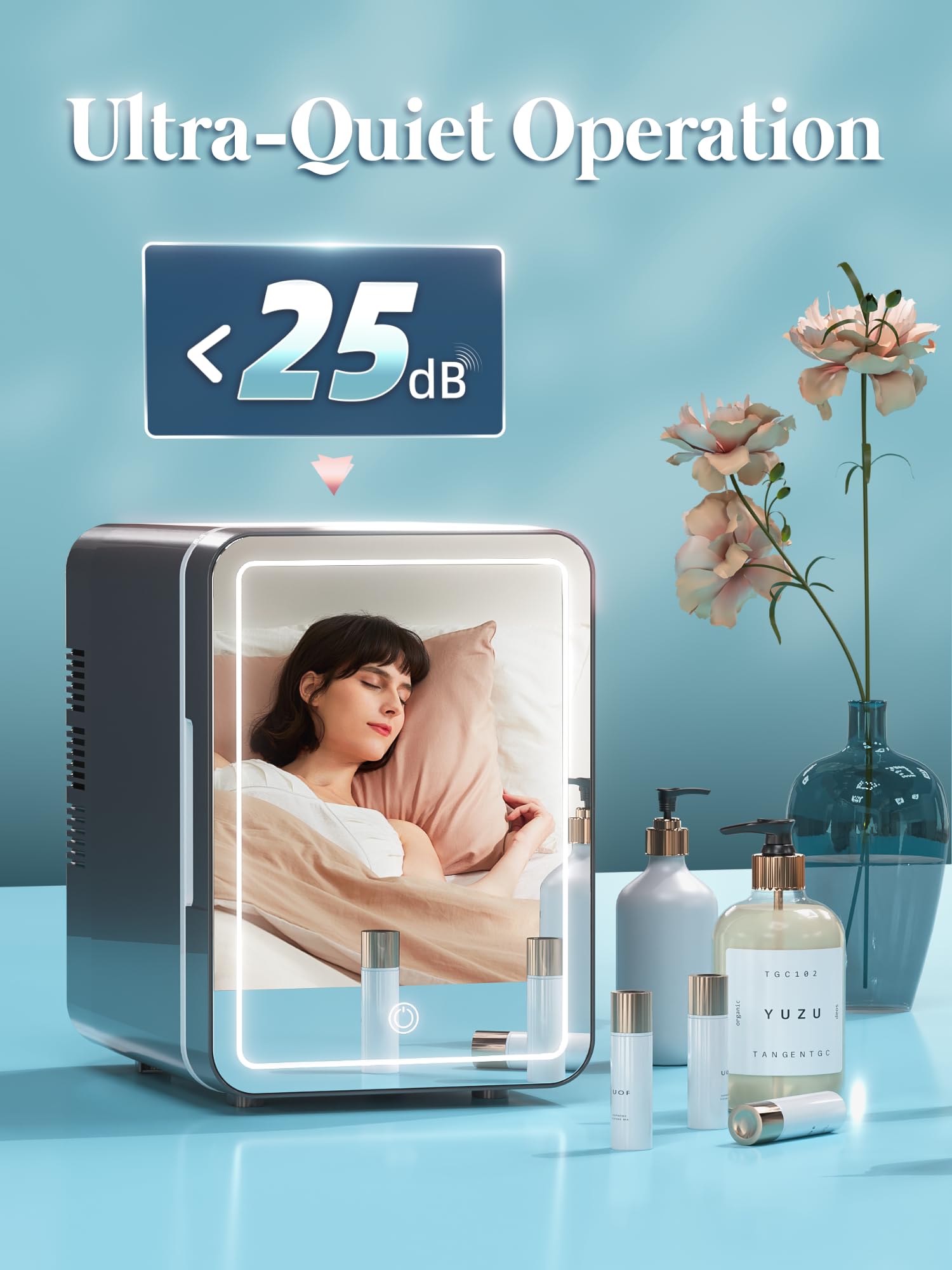 BOGDA 4L Mini Skincare Fridge with LED Light Mirror - Portable Cosmetic Cooler & Warmer for Makeup, Skincare, Food & Drinks - Perfect for Bedroom, Office, Car & Travel - Compact 6-Can Capacity (Grey)