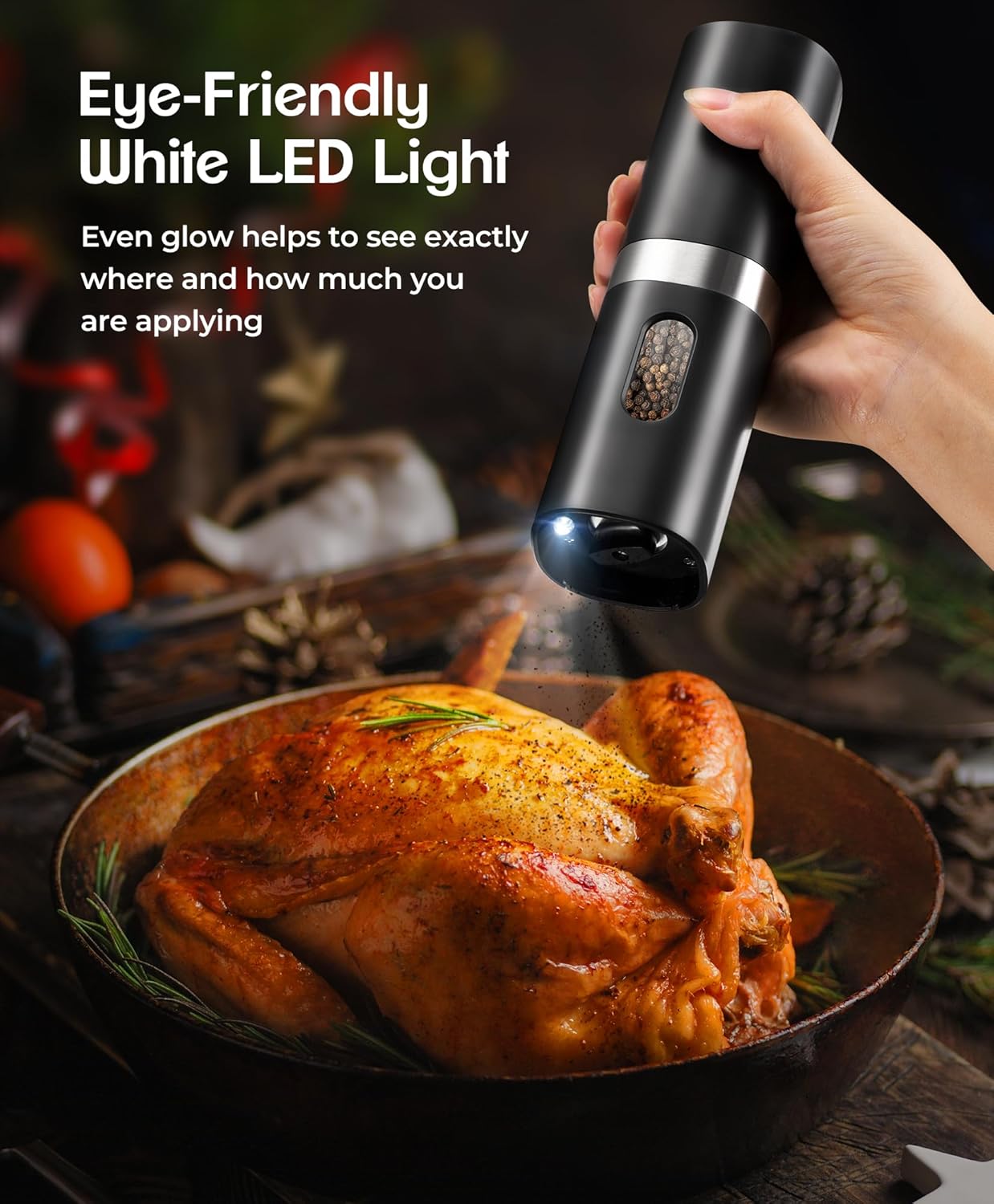 2024 Rechargeable Electric Salt and Pepper Grinder Set - Automatic One-Hand Operation with LED White Light, 4 Batteries & Charging Base (2-Pack, Black) - Perfect for Kitchen, Dining Table & Outdoor BBQ