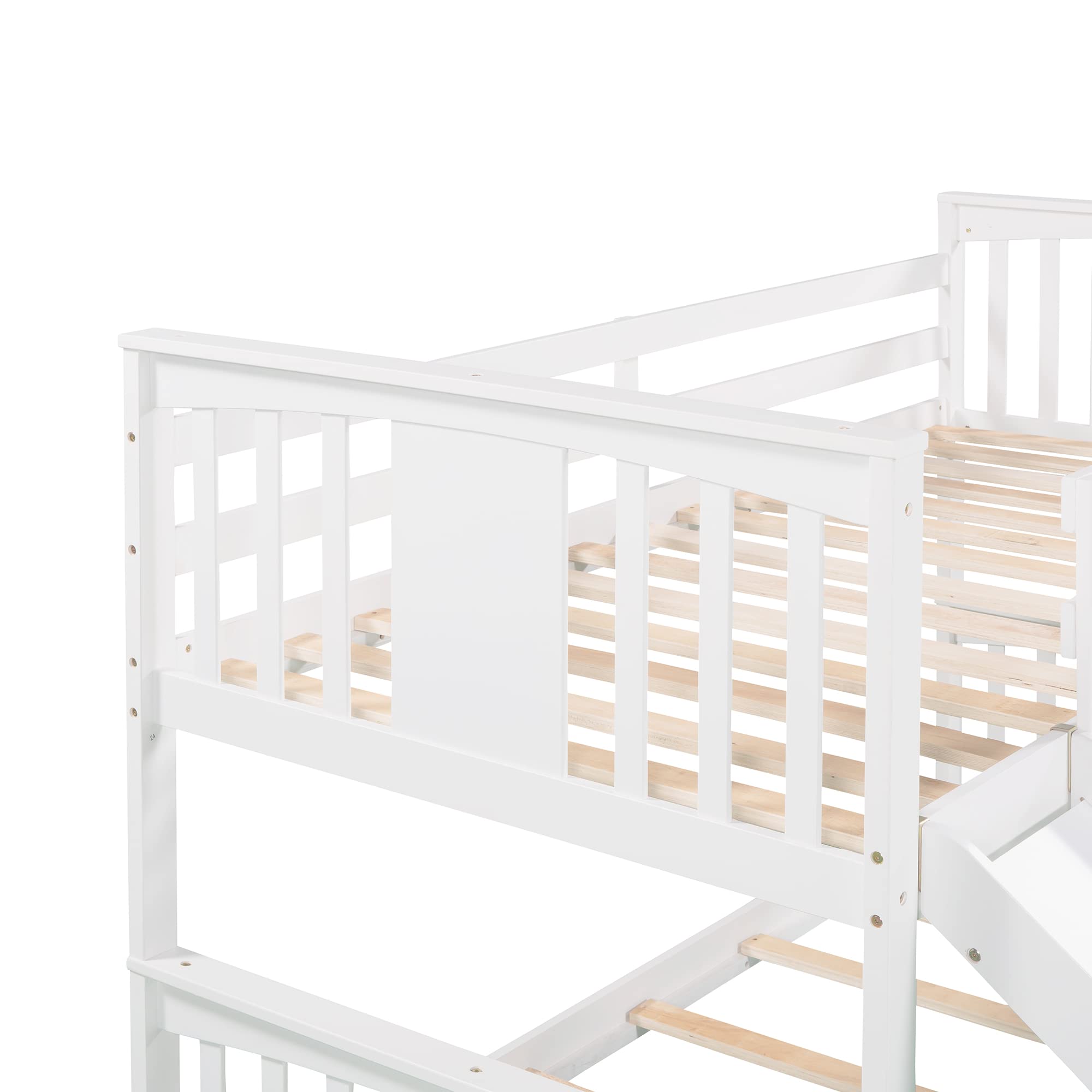 **Twin Over Twin Kids Bunk Bed with Slide & Ladder - Wooden Low Bunk Bed for Children (White) - Perfect for Small Bedrooms, Playrooms & Sleepovers**