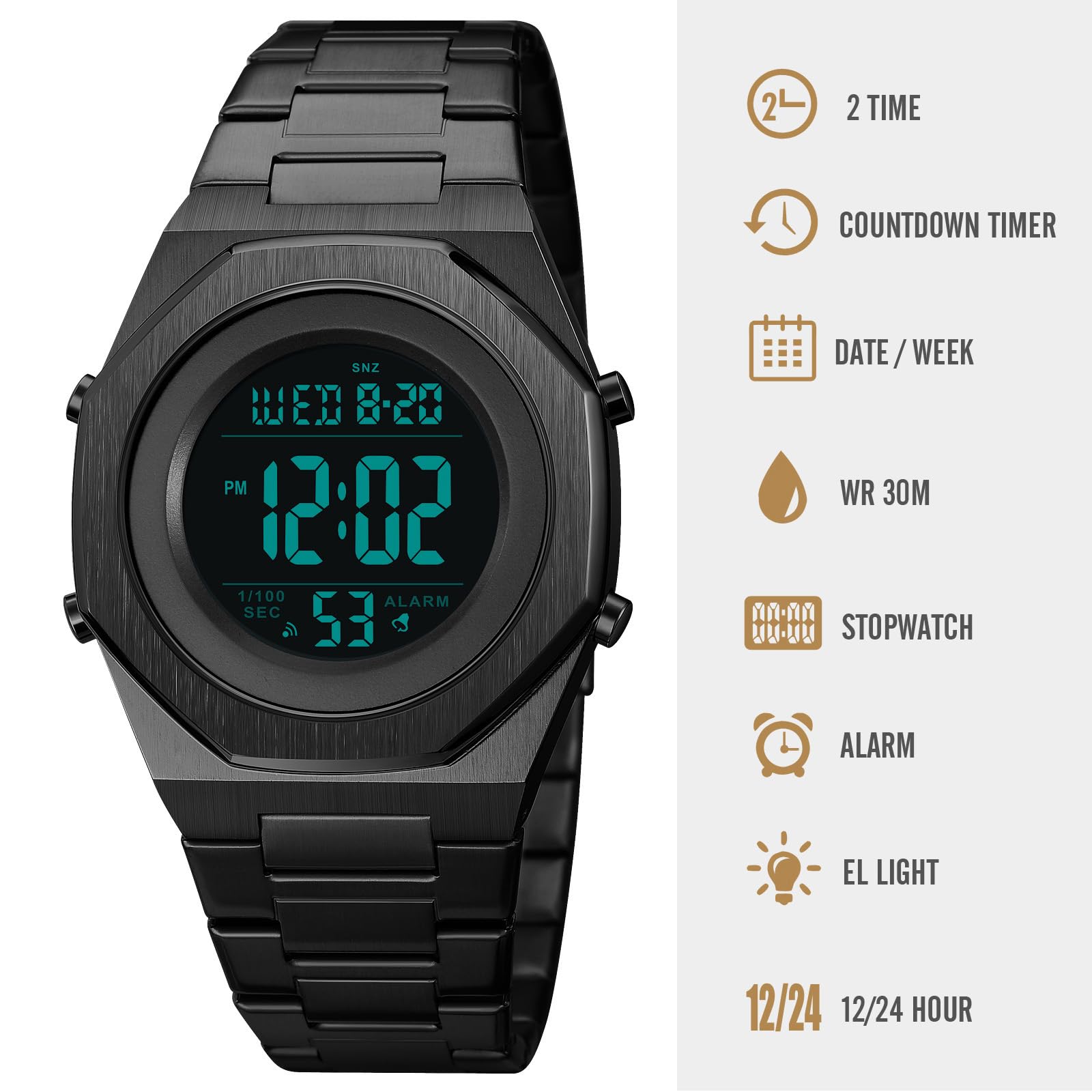 Premium Stainless Steel Digital Men's Watch - Hexagon Designer Waterproof Watch with Alarm, Date & LED Light - Ideal for Casual, Business & Outdoor Activities