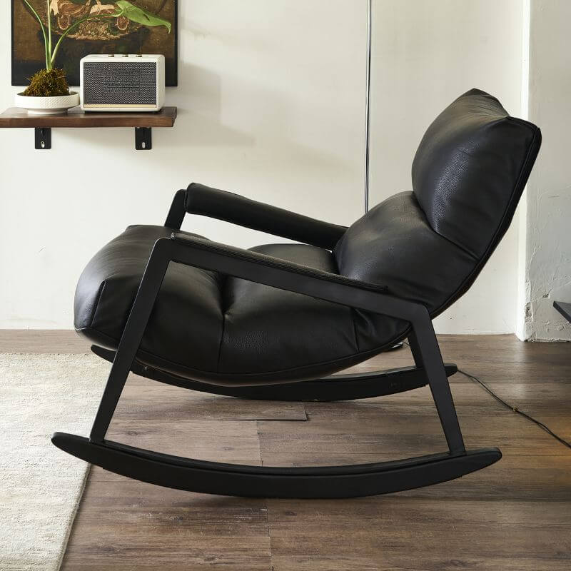 Midnight Black Minimalist Upholstered Indoor Rocking Chair with Cushioned Seat and Track Arm - Perfect for Nursery, Living Room & Reading Nook