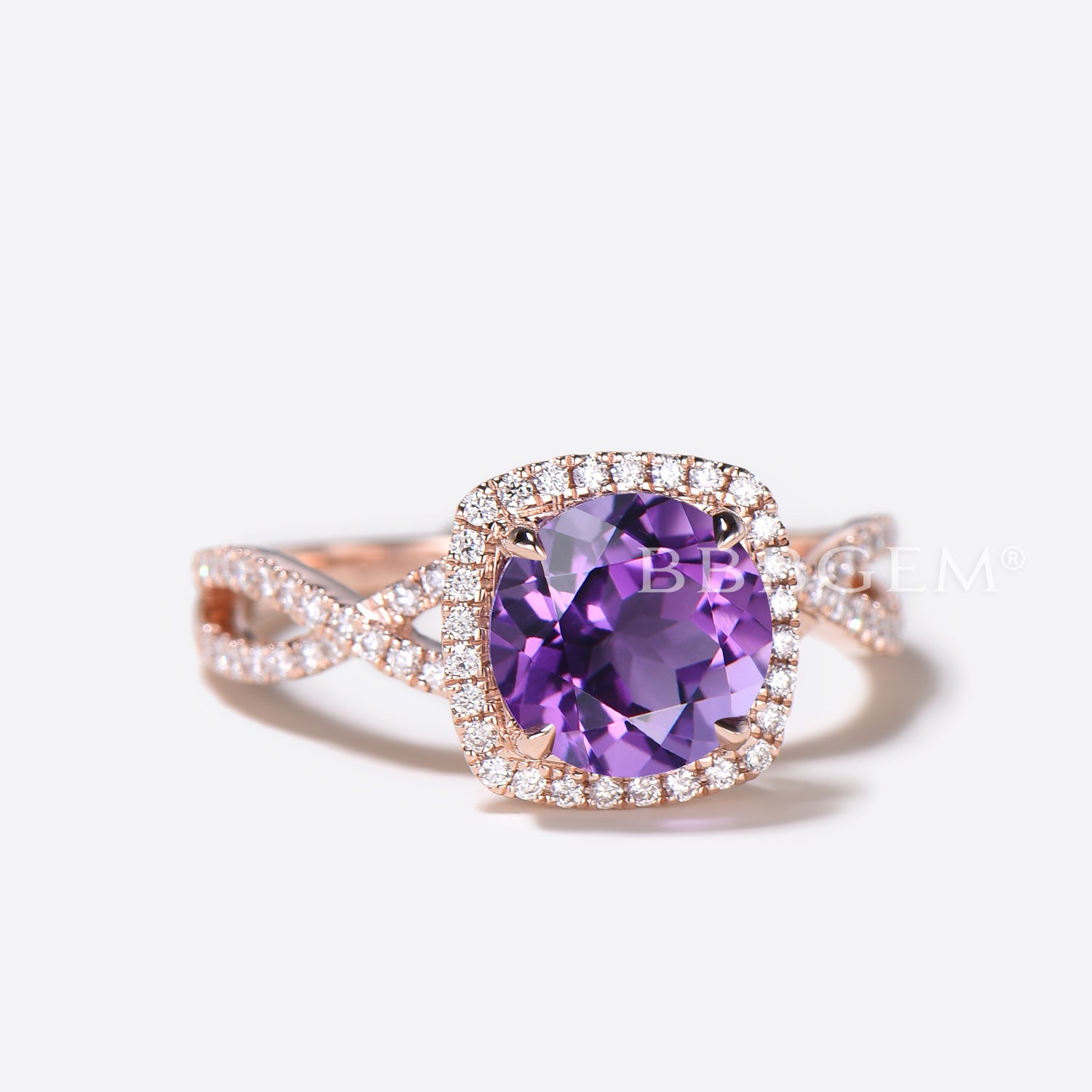 Twisted Round Cut Natural Amethyst Engagement Ring with Diamond Halo - Split Shank Wedding Band for Women | Perfect for Proposals, Anniversaries & Special Occasions
