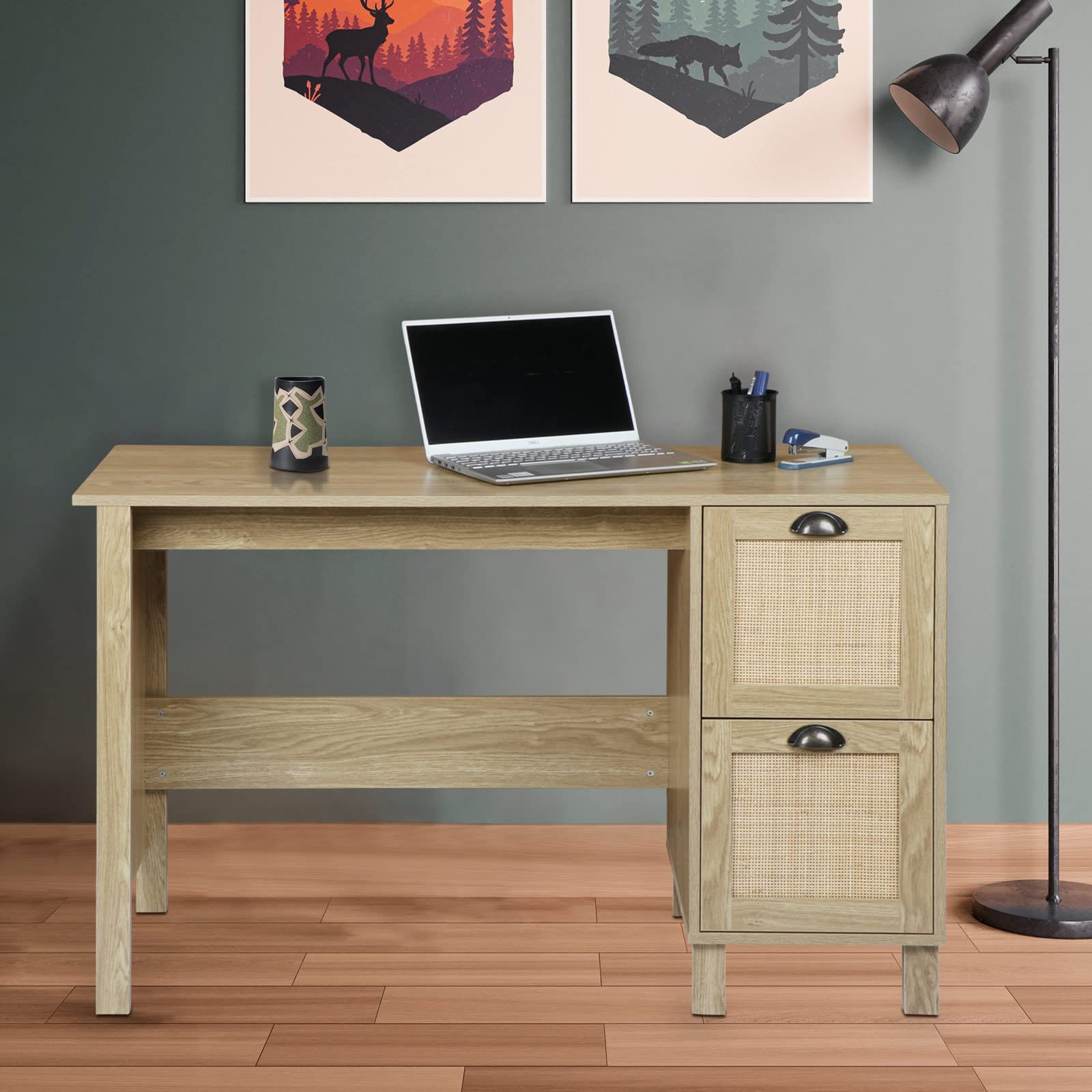 Giluta 47-inch Wooden Computer Desk with Rattan Storage Drawers - Farmhouse Style Home Office Desk, Study Table for Students & Teens, Space-Saving Laptop Workstation for Small Bedrooms (Natural Oak Finish) - Perfect for Remote Work, Online Learning & Compact Home Offices