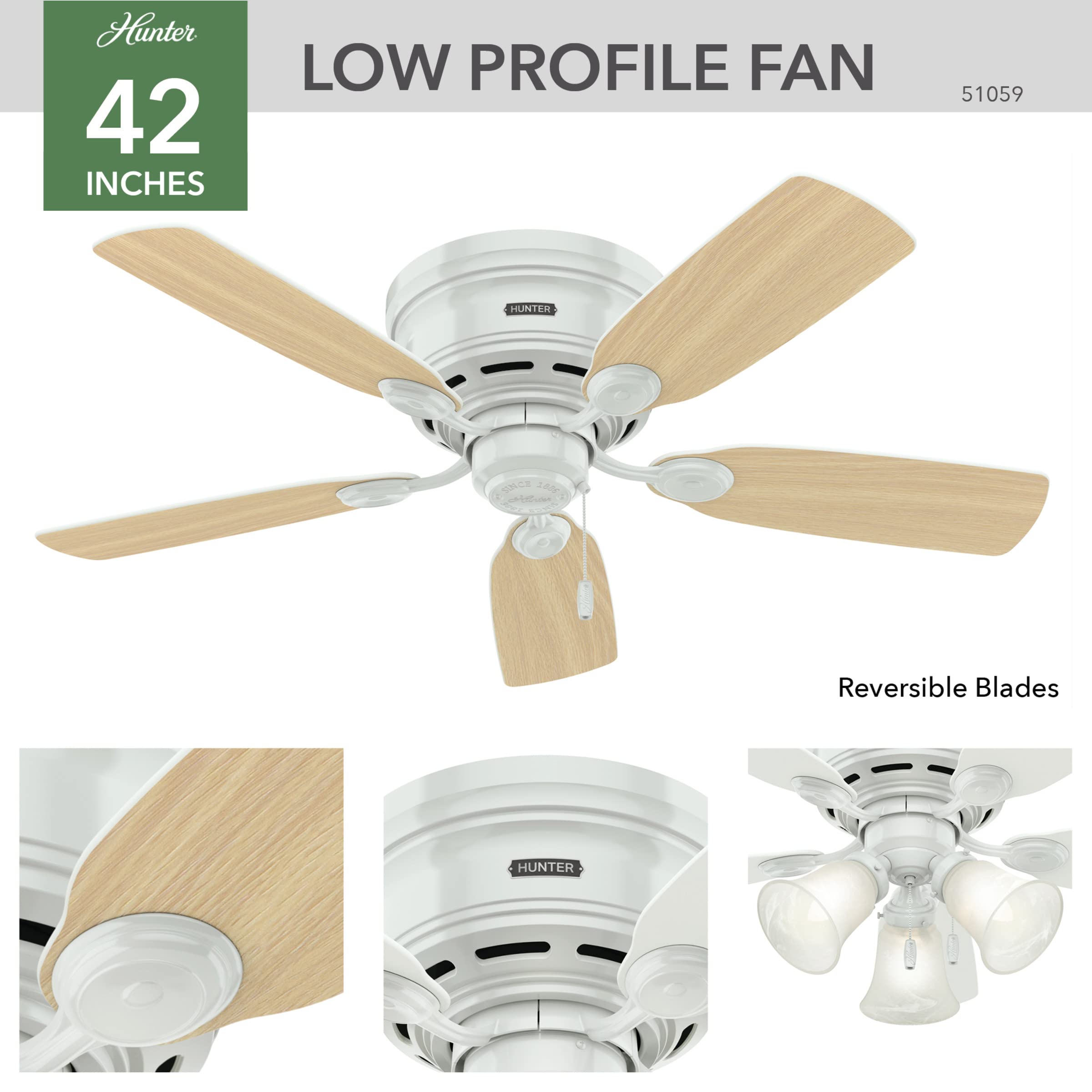 Hunter 51059 42-Inch Indoor Low Profile IV Ceiling Fan with Pull Chain Control, White Finish - Perfect for Bedrooms, Living Rooms & Home Offices