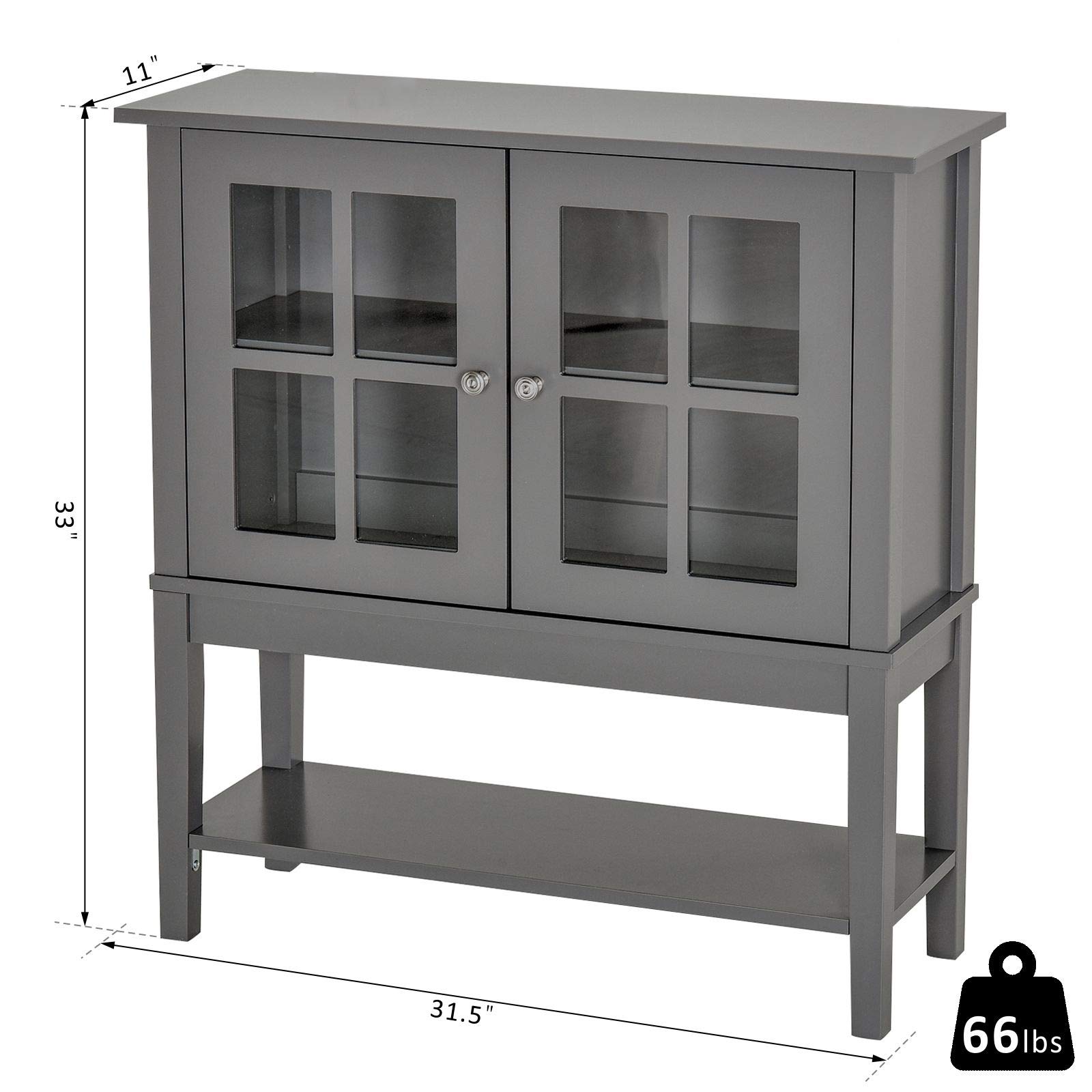 HOMCOM Modern Grey Coffee Bar Cabinet with 2 Glass Doors - Adjustable Shelves Kitchen Buffet Sideboard for Dining Room, Living Room & Home Bar Storage