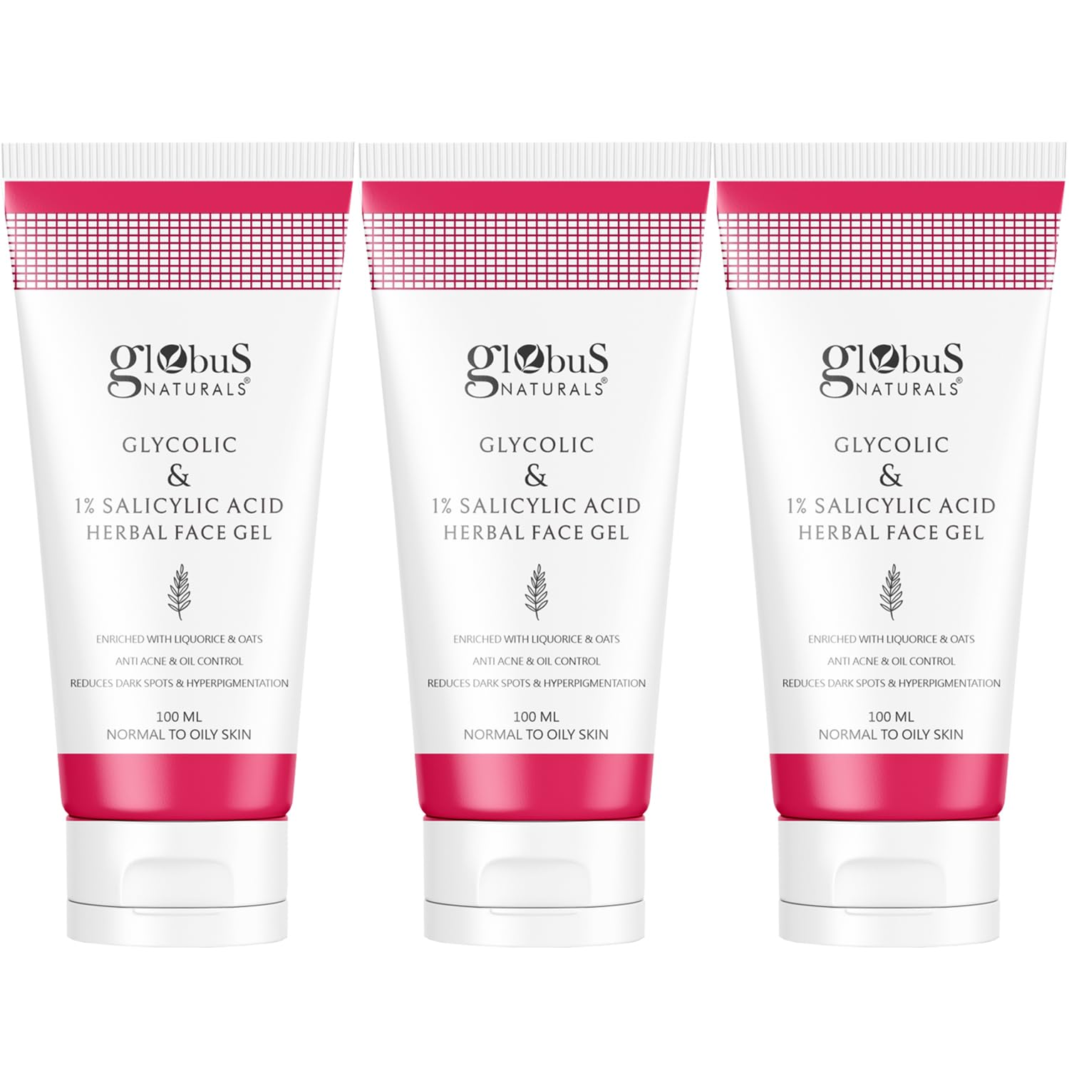 Globus Naturals Glycolic Acid 1% Salicylic Acid Anti Acne Face Gel - Herbal Formula with Licorice & Oats for Acne Treatment, Oil Control, Dark Spot Reduction - 100ml (Pack of 3) | Daily Skincare for Oily & Acne-Prone Skin