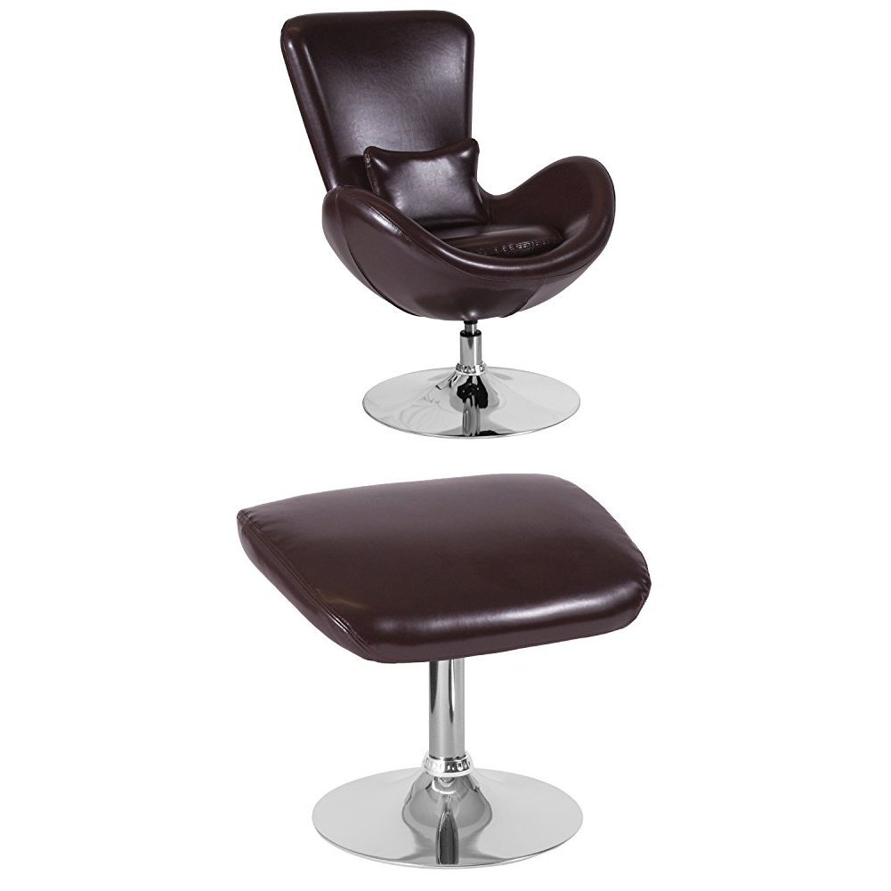 Flash Furniture Egg Series Brown Leather Side Reception Chair with Ottoman - Modern Office Lobby Waiting Room Seating for Hotels and Clinics