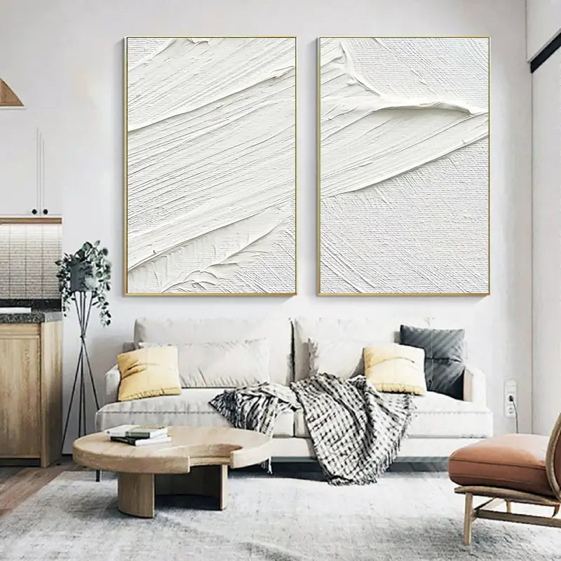 Minimalist White Textured Canvas Paintings - Set of 2 Modern Abstract Wall Art for Living Room & Bedroom Decor #MM052