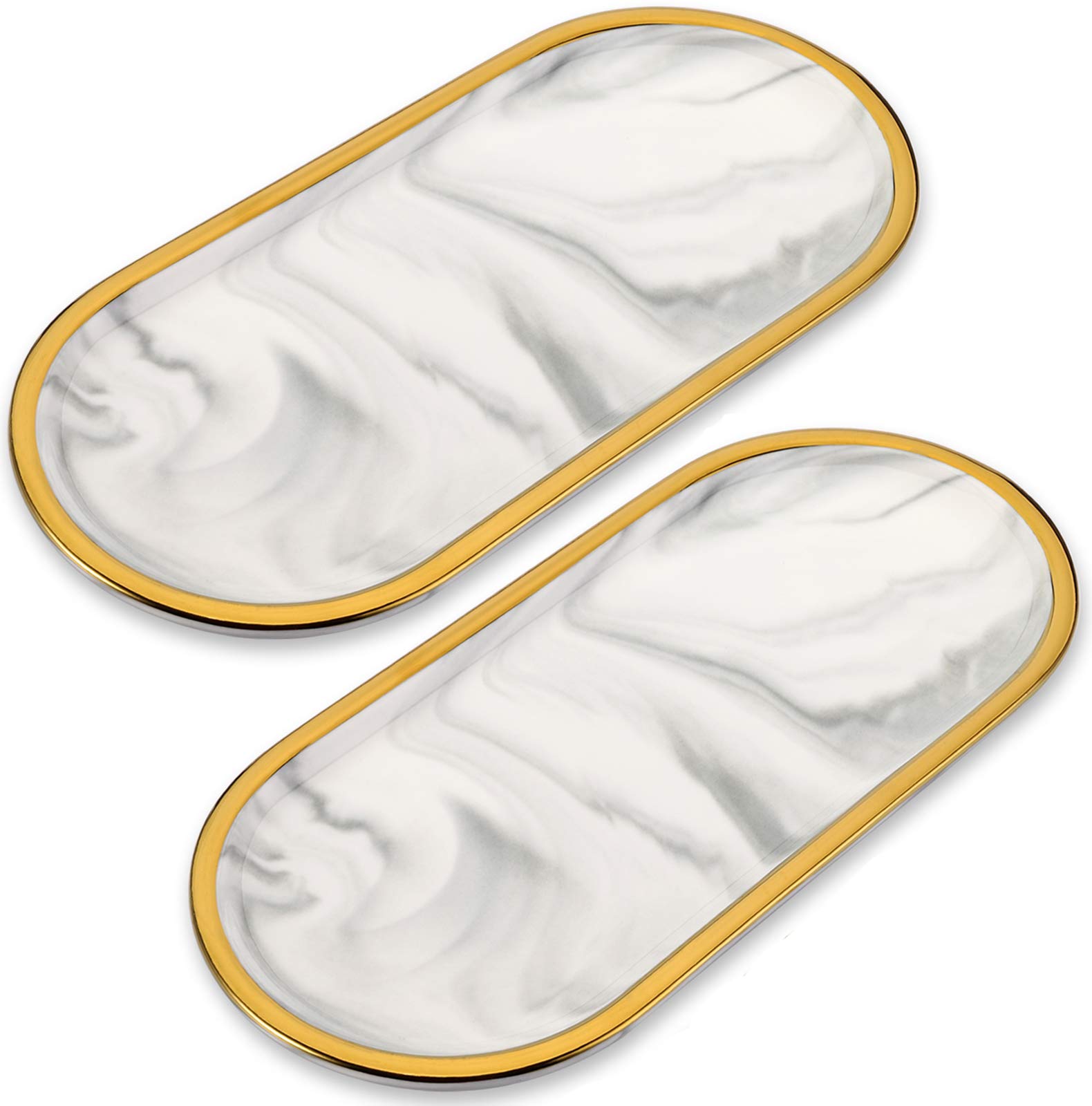 TOPZEA 2 Pack 10 Inch Ceramic Vanity Trays - Elegant Marble Oval Bathroom Organizer with Gold Trim for Jewelry, Perfume & Soap | Perfect for Sink Countertop, Dresser Decor & Candle Holder Display