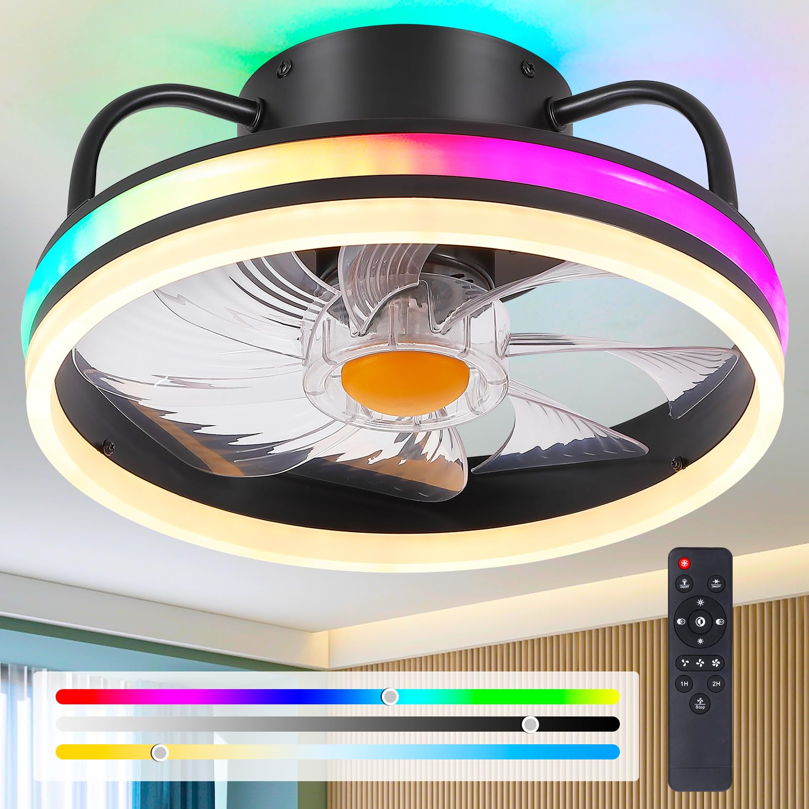 Modern Flush Mount Ceiling Fan with RGB Dimmable LED Light - 13