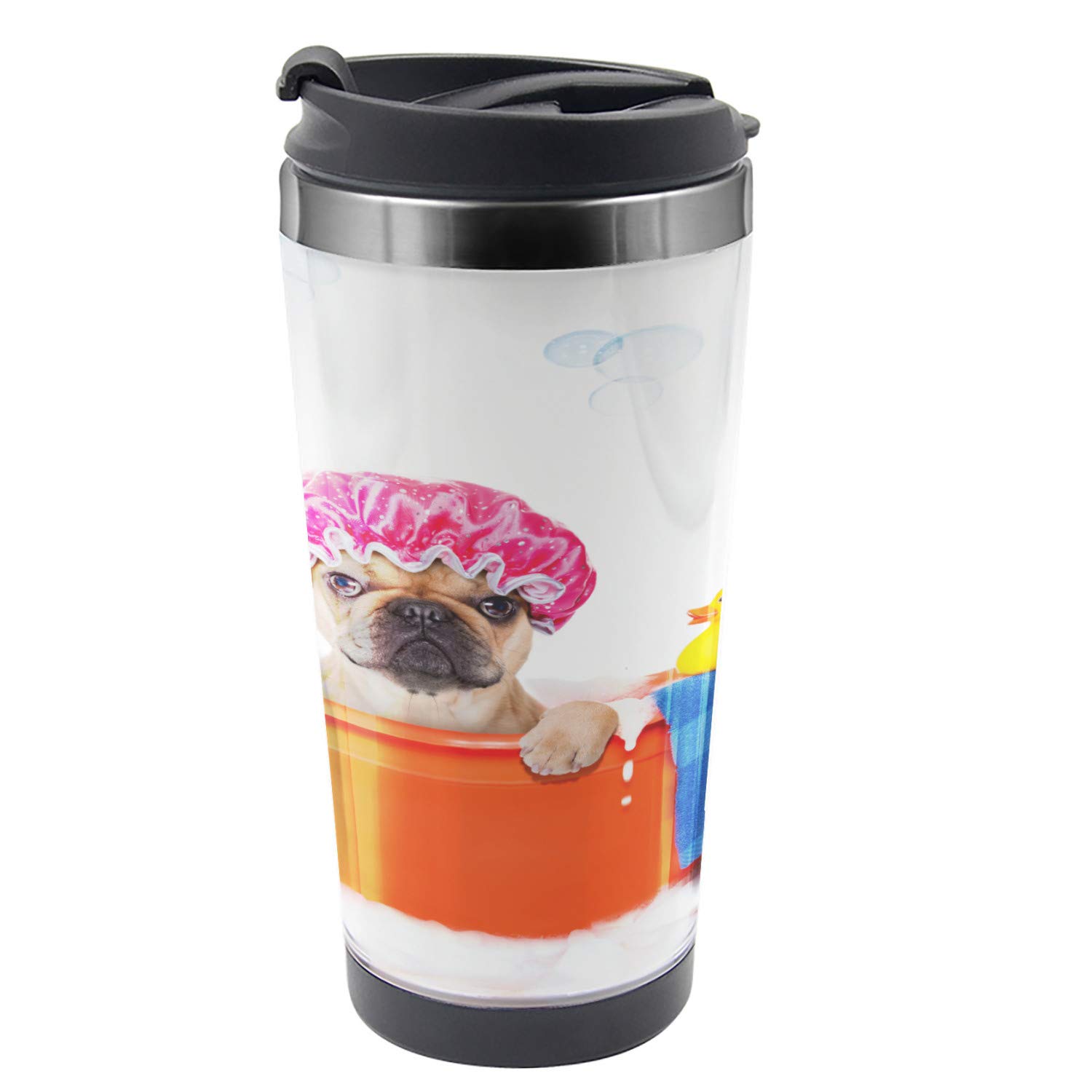 Ambesonne French Bulldog Travel Mug - 16 oz Stainless Steel Thermal Cup with Dog Bath & Rubber Duck Design - Perfect for Coffee, Tea & Hot Drinks - Ideal Gift for Dog Lovers, Office Use & Outdoor Activities