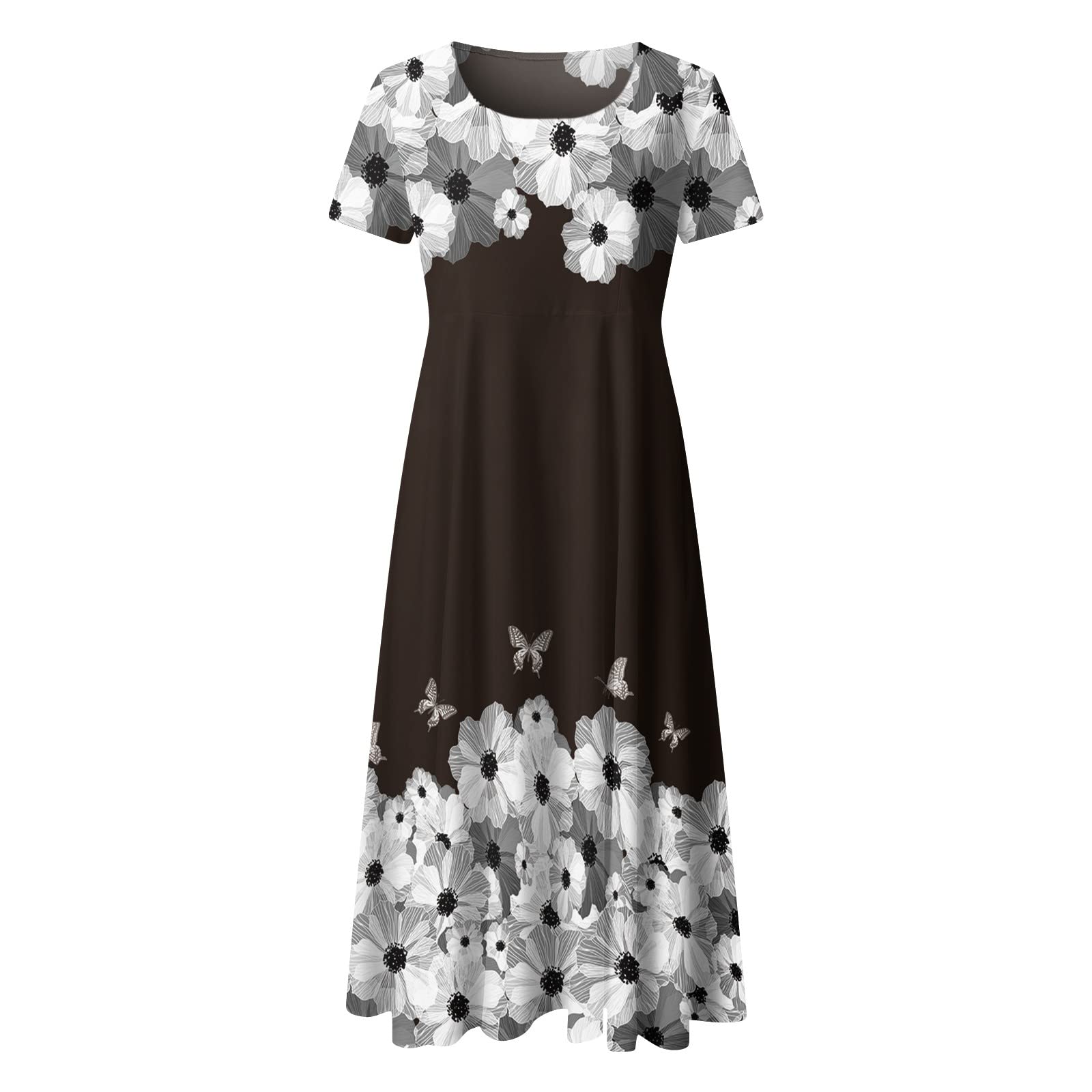 Boho Square Neck Floral Print A-Line Midi Sundress - Women's Casual Short Sleeve Loose Maxi Dress for Summer Beach Vacation & Outdoor Parties