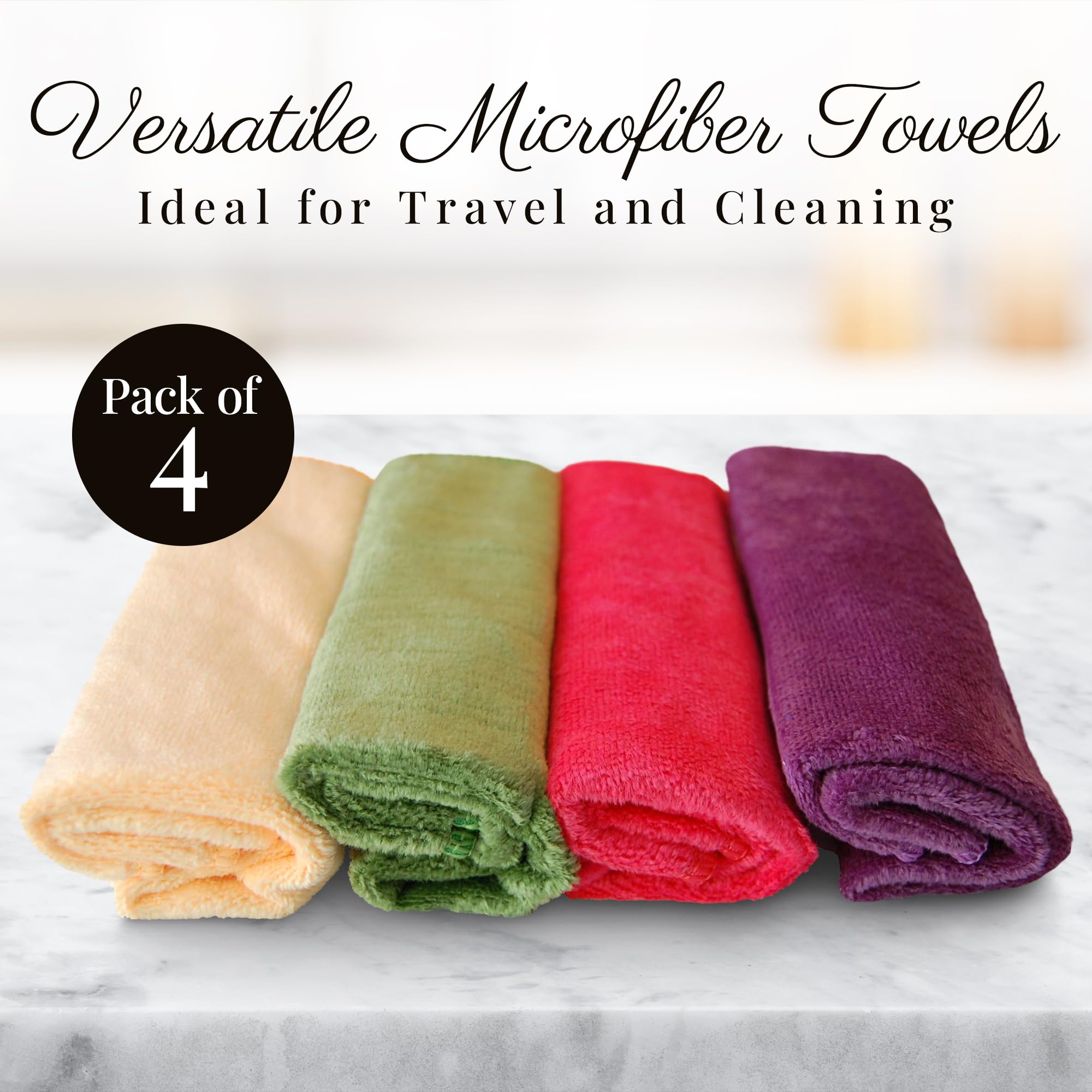 EcoSol Designs - Ultra Soft Thick Quick Dry Microfiber Towels Set of 4 (12x12 inches) for Cleaning & Drying - Purple, Pink, Green, Yellow - Perfect for Home, Office, Gym, Car & Travel Use
