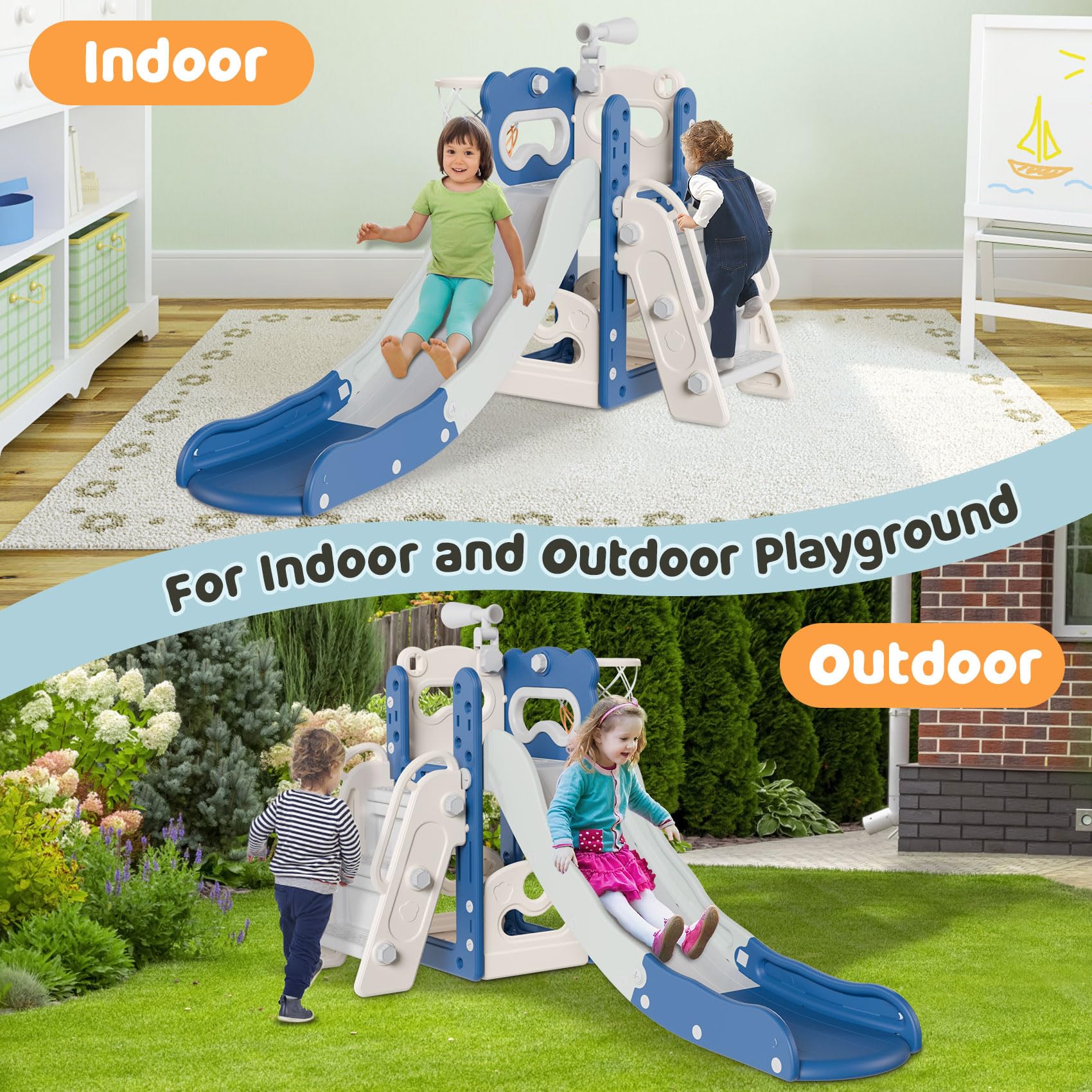 **Babytronic 6-in-1 Toddler Slide & Playset for Kids Ages 1-3 – Indoor & Outdoor Slide with Basketball Hoop & Telescope – Blue & Gray – Perfect for Playrooms, Backyards & Daycares**