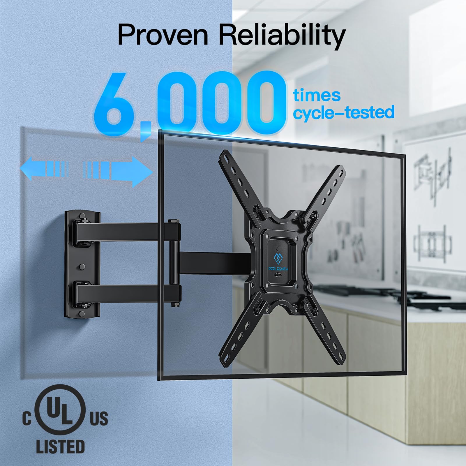 PERLESMITH UL Listed Full Motion TV Wall Mount Bracket for 26-60 Inch Flat/Curved OLED 4K TVs up to 77lbs - Swivel, Tilt, Extension Arm, Max VESA 400x400mm (PSMFK12) - Perfect for Living Room, Bedroom & Home Theater Setup