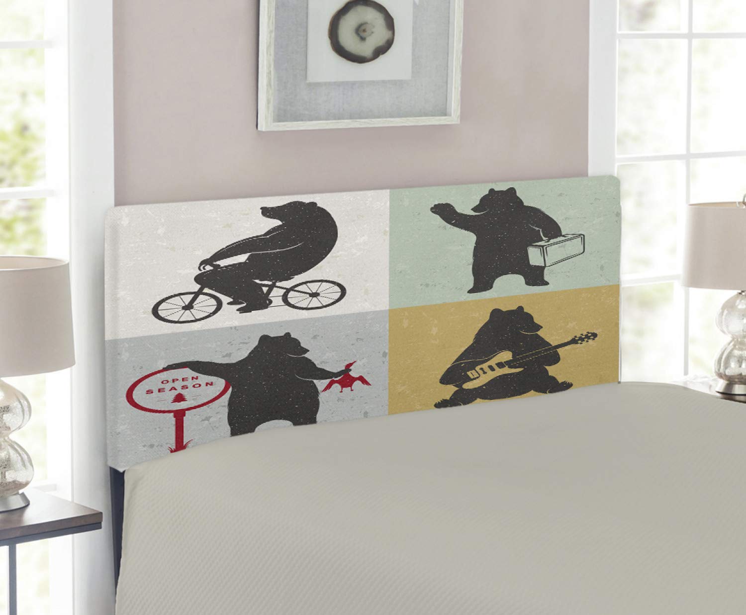 Ambesonne Bear Headboard - Funny Drawing Style Mascot for Hunter Biker Musician Traveler, Upholstered Decorative Metal Bed Frame with Memory Foam, Twin Size, Multicolor - Perfect for Kids' Rooms, Teen Bedrooms & Unique Home Decor