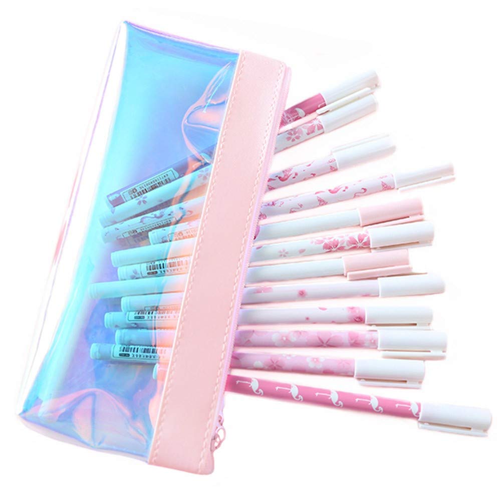Funny Transparent Colorful Pencil Case - Cute Iridescent Stationery Pouch for School, Office & Travel - Makeup Cosmetic Bag for Girls, Boys & Women (Pink) | Perfect for Students, Artists & Professionals