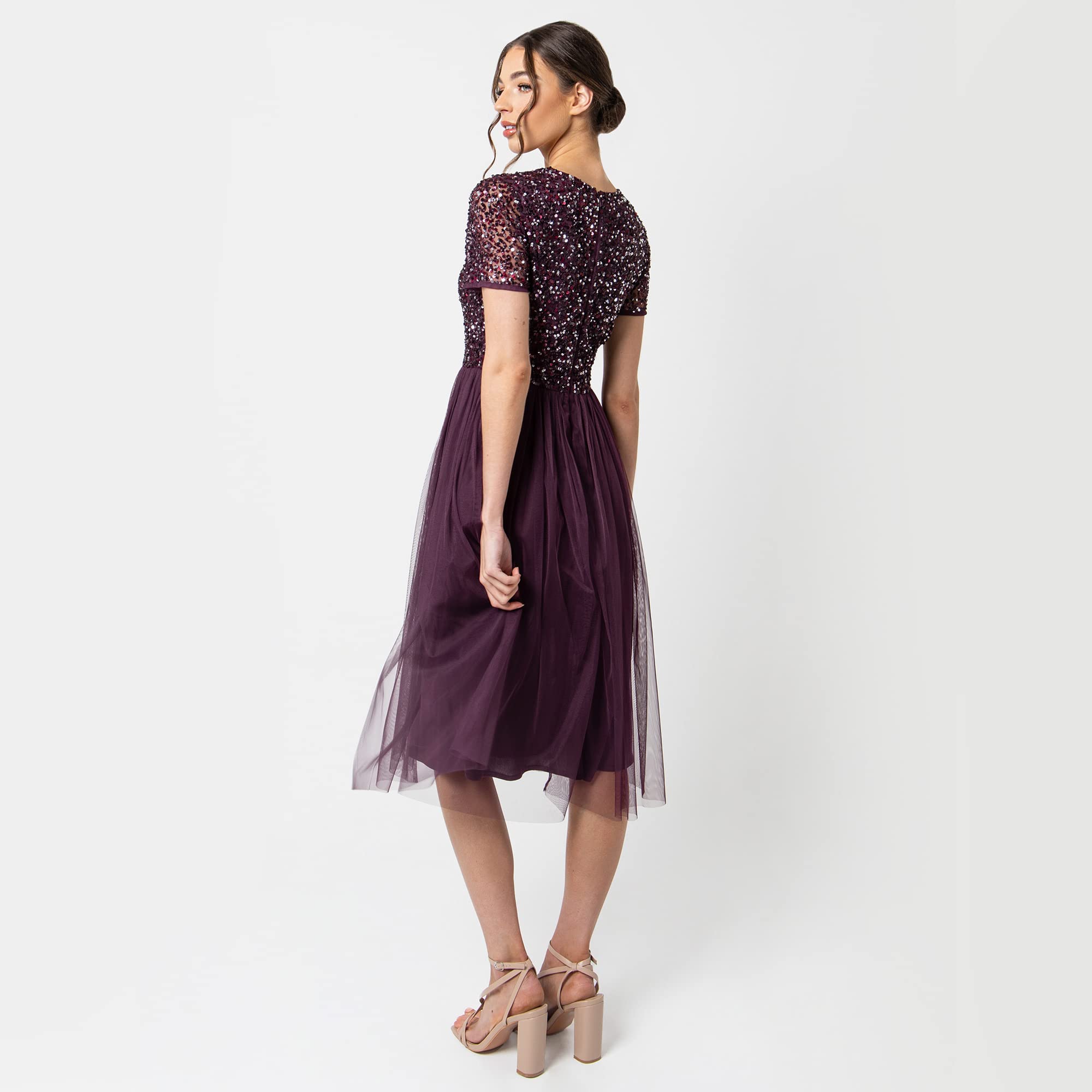 Maya Deluxe Women's V-Neck Midi Bridesmaid Dress with Elegant Decorations - Perfect for Weddings, Formal Events & Special Occasions