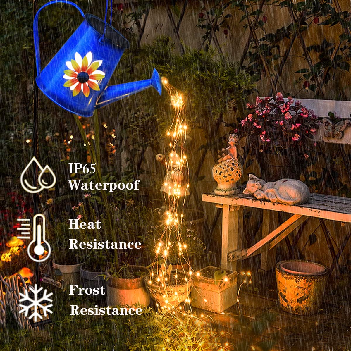 Solar Powered Blue Watering Can with LED Waterfall Lights - 60 LED Garden Decor for Yard, Path, Christmas Holiday Decoration - Includes Shepherd Hook - Perfect for Outdoor Patio, Lawn, and Seasonal Festive Lighting