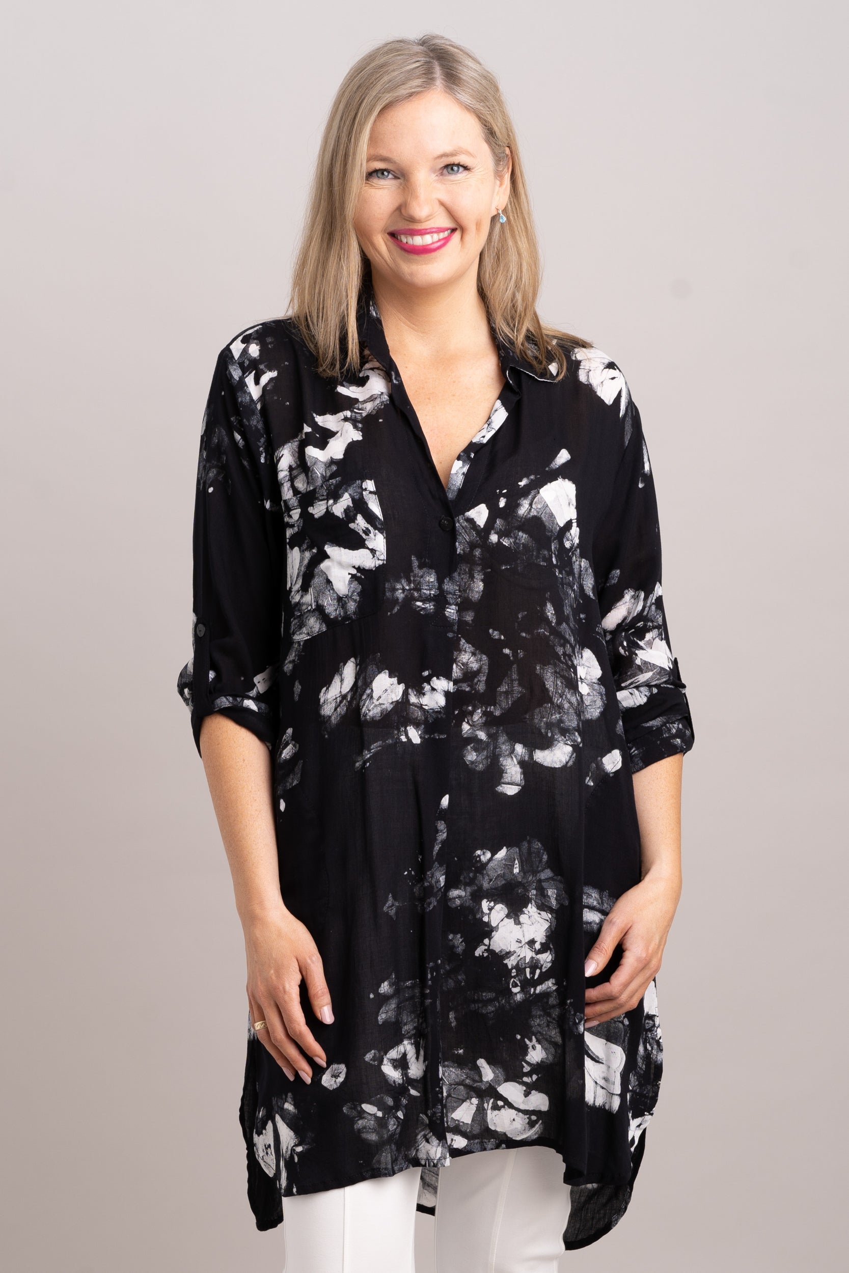 Annabelle Tunic Top - Moon Flower Print Women's Blouse - Final Sale - Perfect for Casual Wear, Office Outfits & Summer Dresses