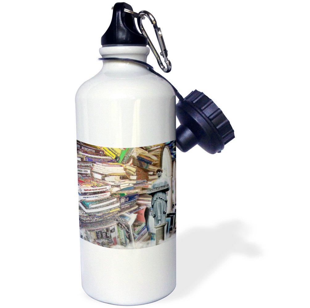 3D Printed Stack of Books & Greek Statue Design Sports Water Bottle - 21oz White Insulated Bottle for Gym, Hiking & Outdoor Activities