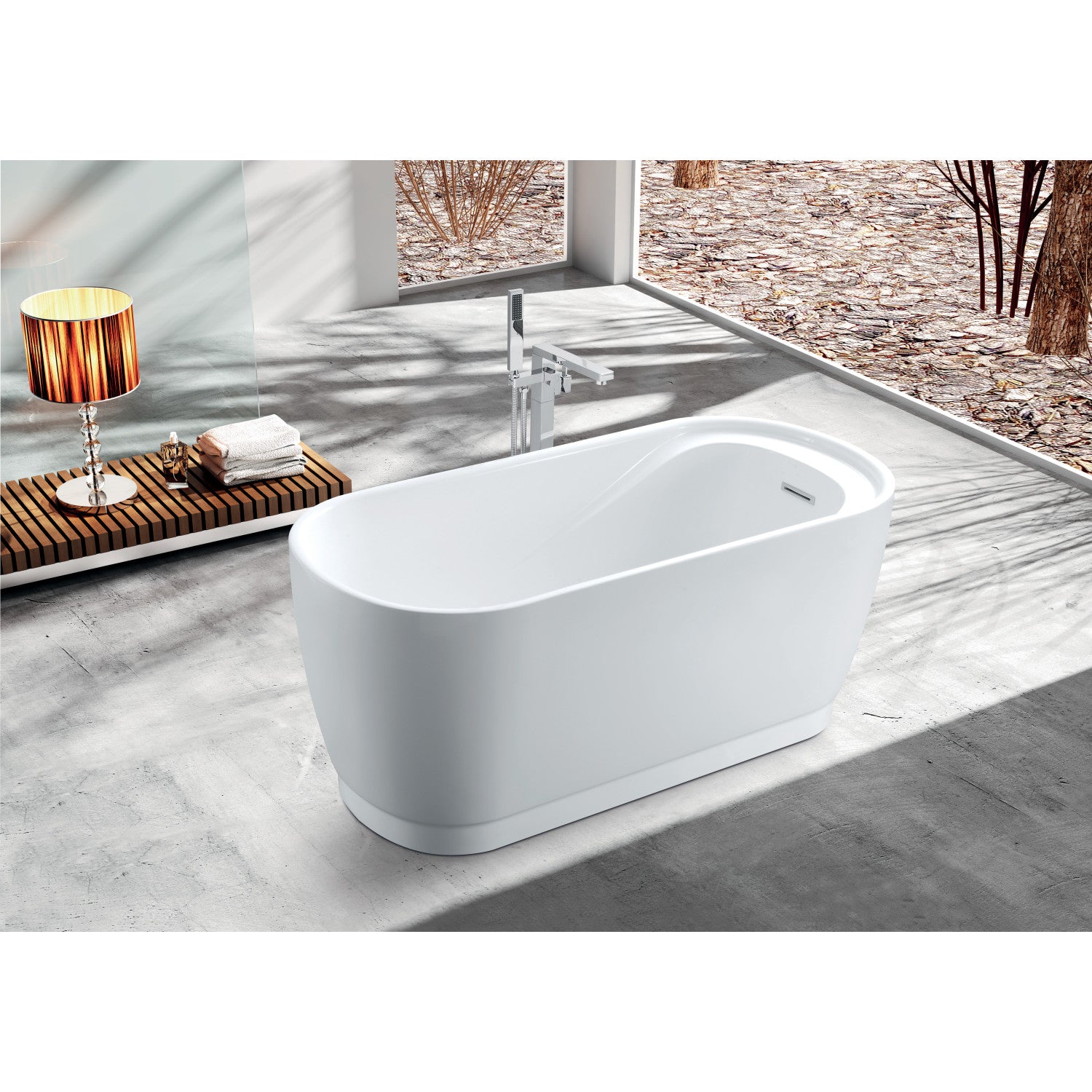 Aqua Eden 59 Inch Acrylic Oval Freestanding Bathtub - Double Ended Soaking Tub with Drain & Built-in Seat, Glossy White - Perfect for Luxury Bathrooms & Spa Retreats