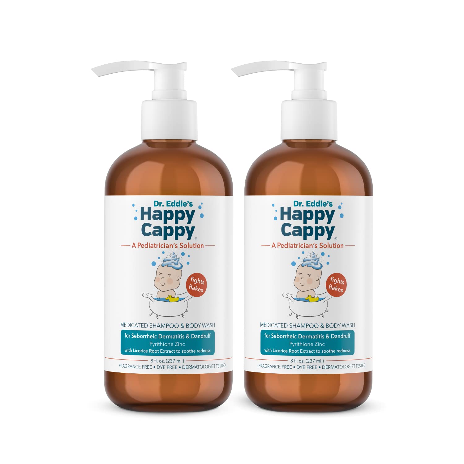 Happy Cappy Dr. Eddie’s Medicated Shampoo & Body Wash for Babies - Cradle Cap & Seborrheic Dermatitis Treatment, Reduces Redness & Flakes, Fragrance-Free, Dermatologist Tested - 8 Fl Oz (Pack of 2) - Gentle Daily Wash for Newborns & Sensitive Skin