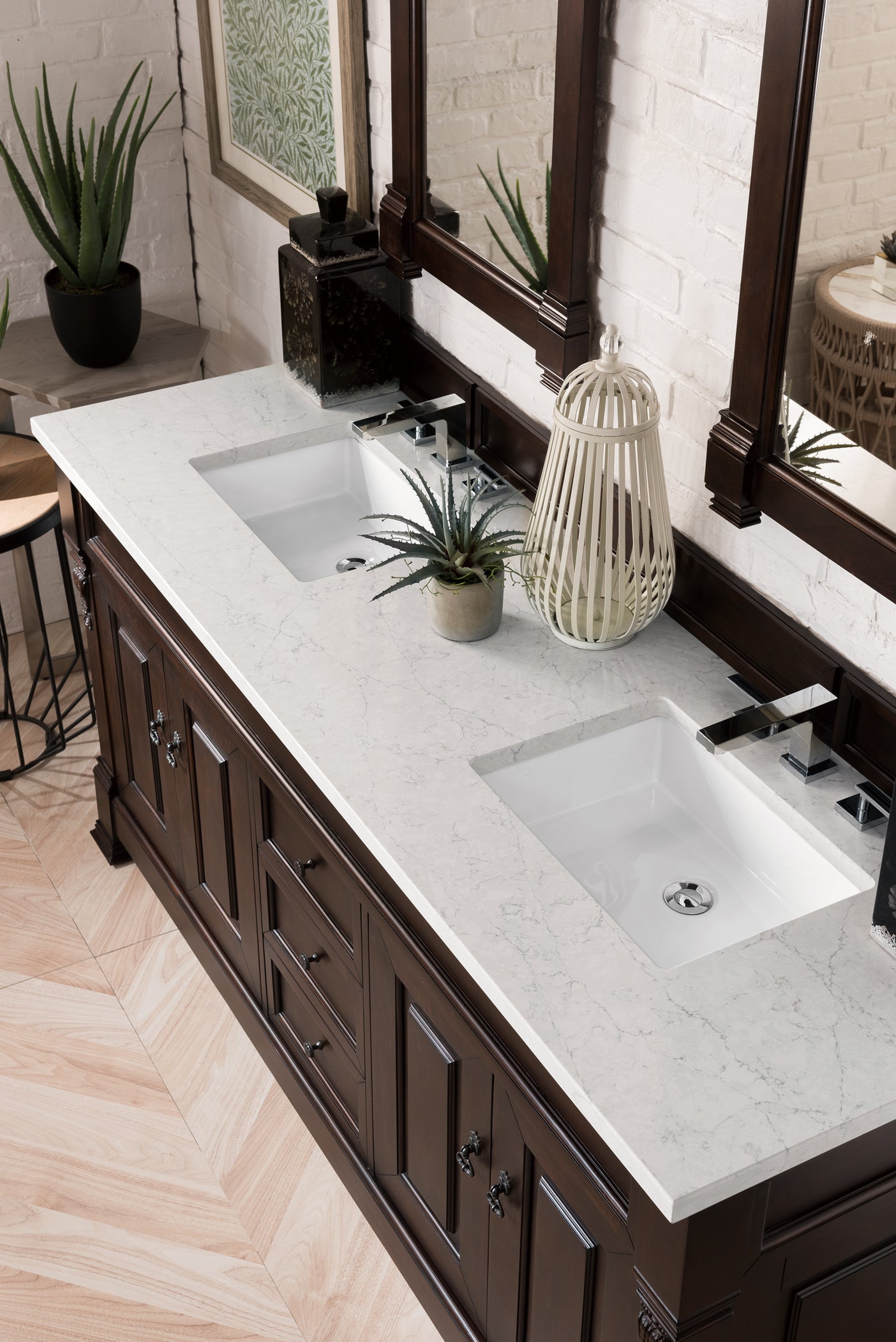 Brookfield 72-Inch Double Bathroom Vanity with Burnished Mahogany Finish & 3CM Eternal Jasmine Pearl Quartz Countertop - Perfect for Master Bathroom Remodeling and Luxury Home Upgrade