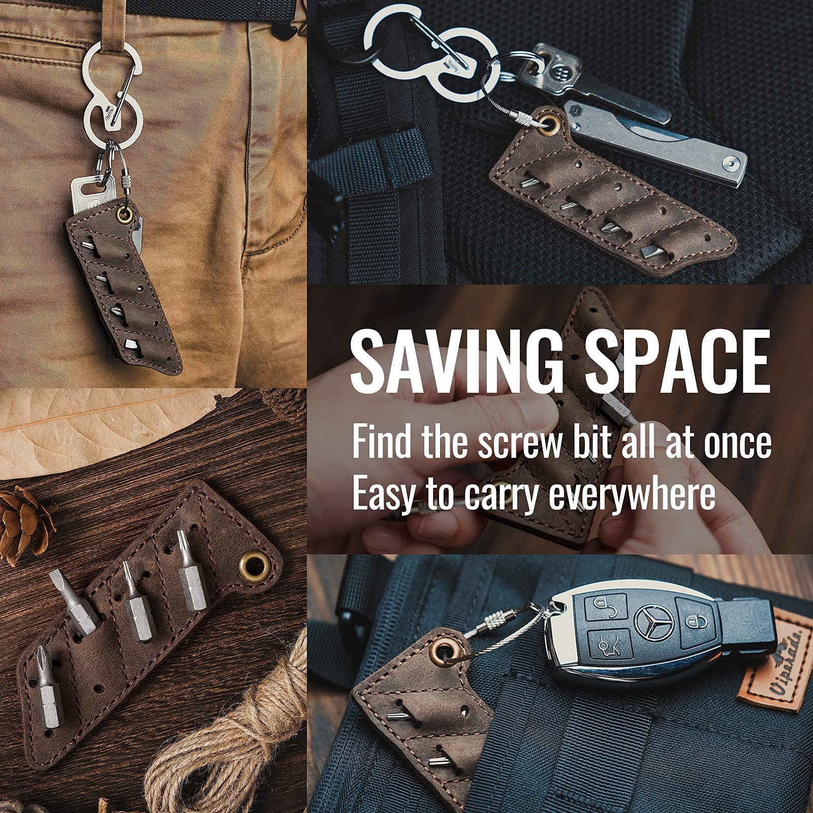 KeyUnity KU01 4-in-1 Titanium Multitool Carabiner Clip with KA06 Leather Sheath & Screw Bit Organizer - Compact Outdoor Gear for Camping, Hiking, Survival & Everyday Carry (EDC)