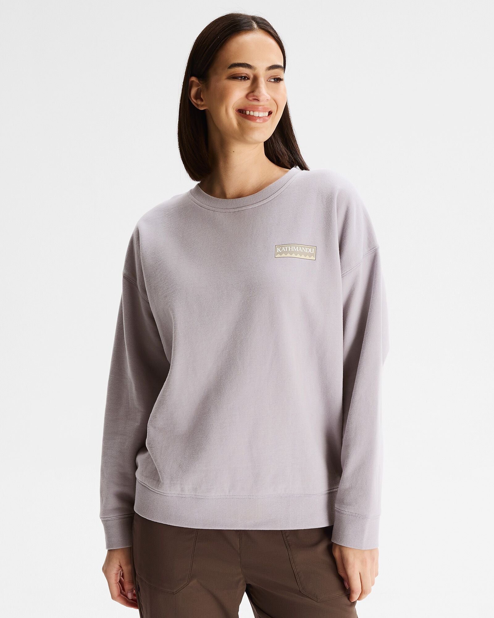 Heritage Logo Slouchy Lightweight BB Crew Sweatshirt for Women - Light Haze | Casual Loungewear, Weekend Outfits & Cozy Fall Layering