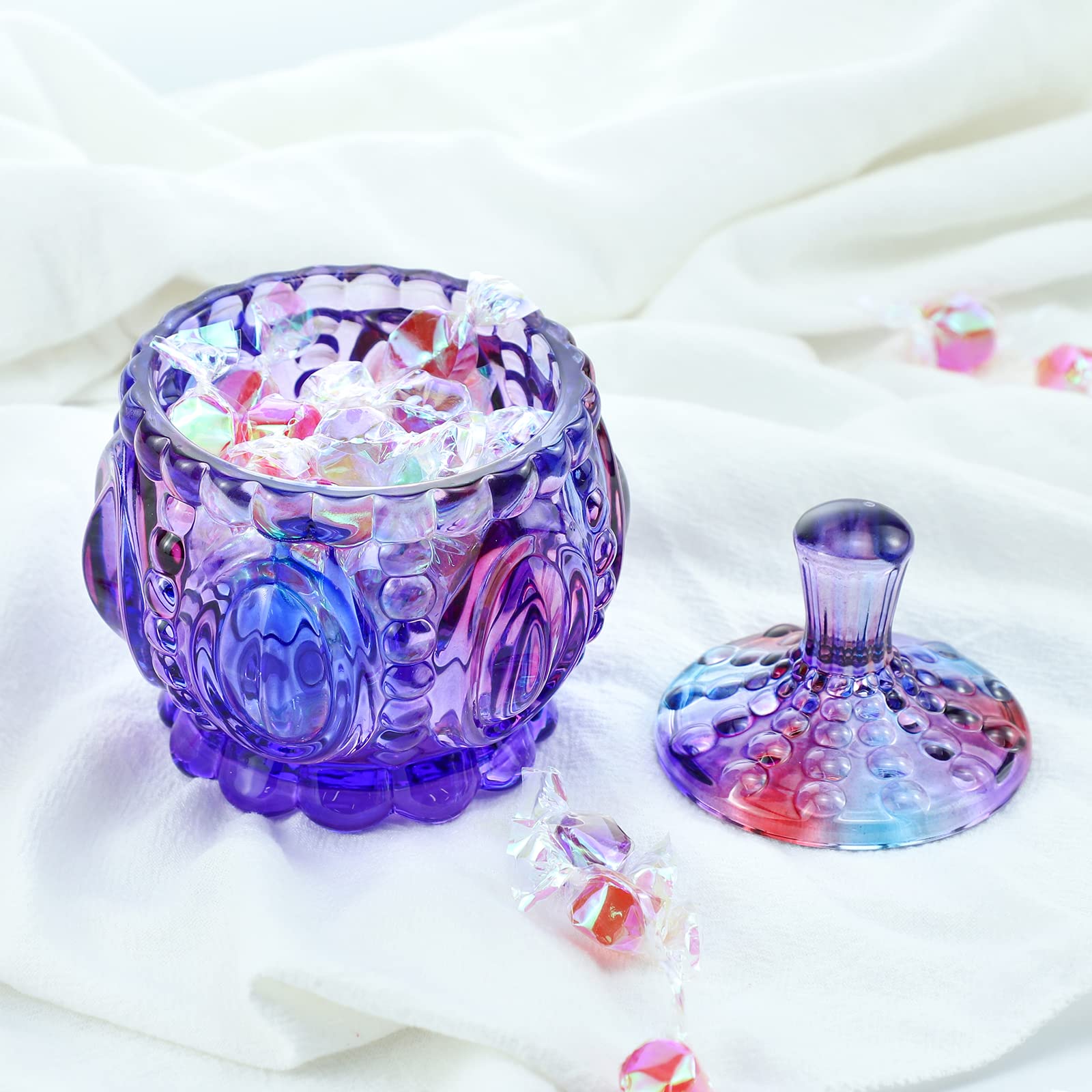 Royal Embossed Clear Glass Apothecary Jar with Lid - 7oz Candy, Jewelry & Food Storage Container - Wedding Buffet, Home Decor, Kitchen Organization (Pumpkin, Purple)
