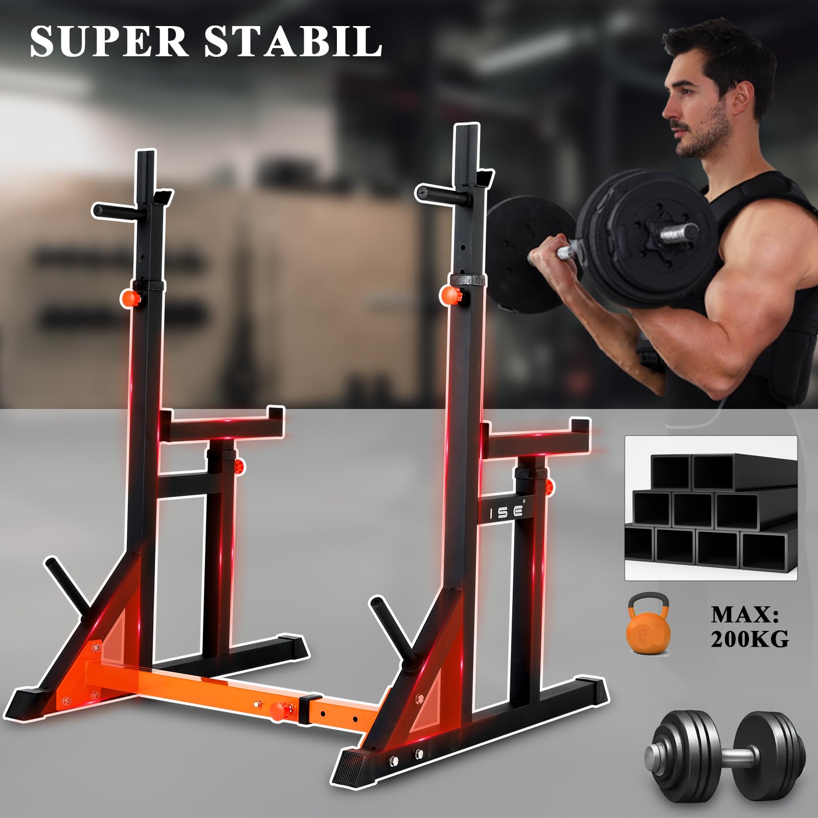 Adjustable Home Gym Squat Rack with Olympic Bar Holder - Multifunctional Power Cage for Weightlifting, Squats & Bench Press - Heavy Duty Steel Construction Supports 200KG - Perfect for Home Workouts & Strength Training