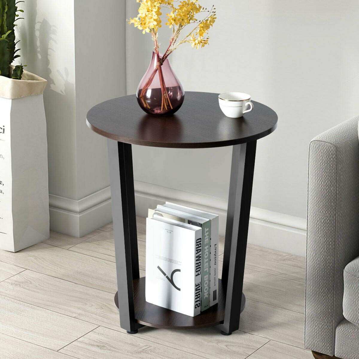 Caraya 2-Tier Round Nightstand End Table - Multifunctional Side Table with Sturdy Metal Frame for Bedroom, Living Room & Office - Perfect as Bedside Table, Sofa Side Table or Office Storage Organizer