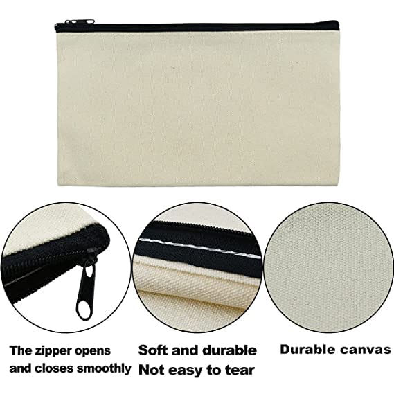 DIY Natural Cotton Canvas Makeup Pouch - Blank Zippered Toiletry Bag for Travel, Stationery & Crafts | Eco-Friendly Pen Pencil Case | Perfect for School, Office & Gift Giving (White, Pack of 8)