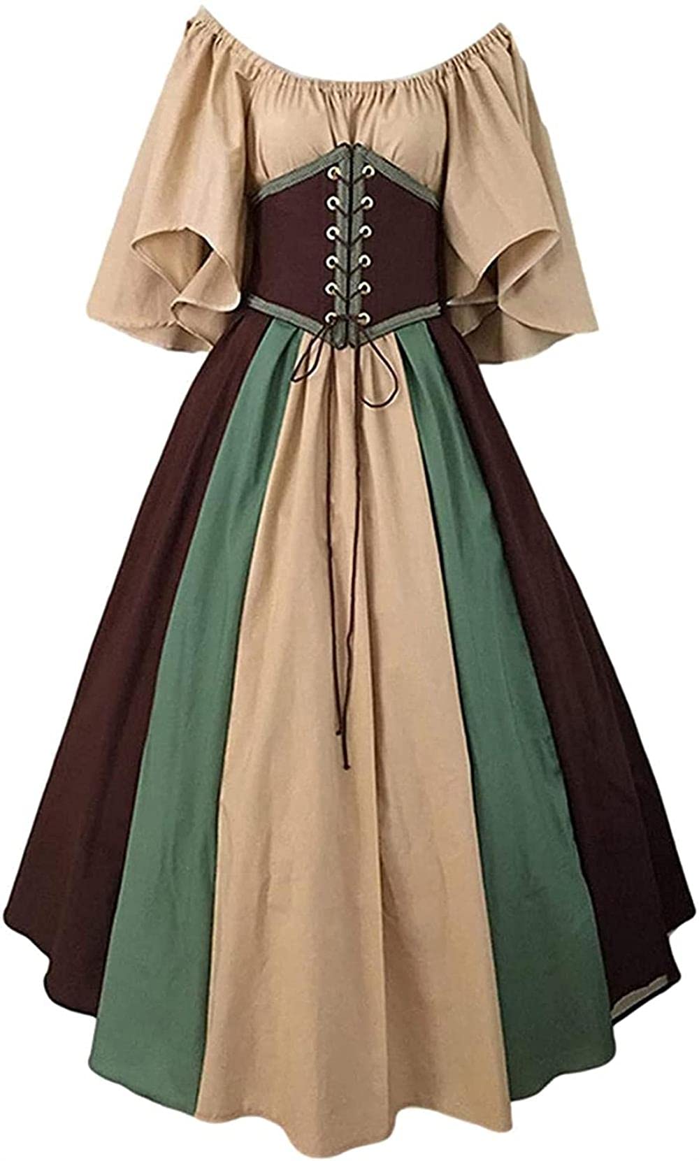 Vintage Medieval Corset Dress for Women - Short Petal Sleeve Slash Neck Gown with Stitching Details | Perfect for Renaissance Fairs, Cosplay, and Vintage Fashion Lovers | Coffee Brown Evening Dress
