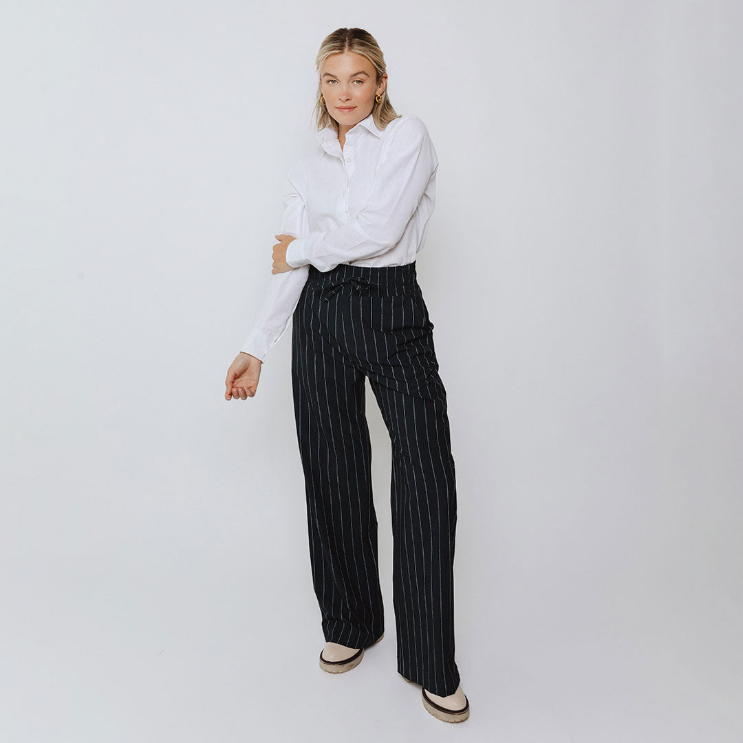 Audrey Women's Navy Pinstripe Dress Pants - Professional Office Work Trousers for Business Casual & Formal Occasions