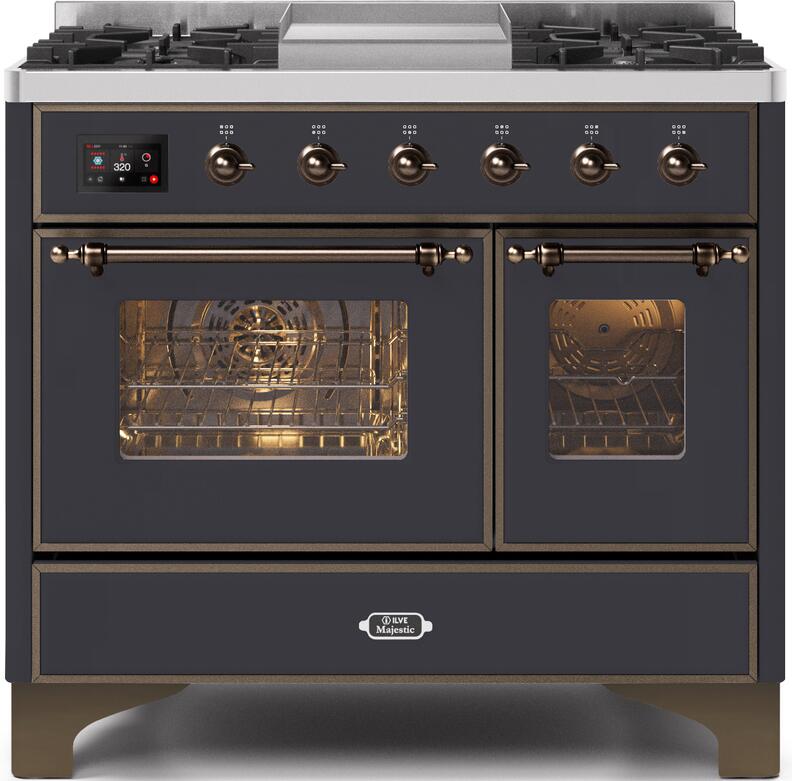 ILVE Majestic II 40-Inch Dual Fuel Range Stove - Matte Graphite with Bronze Trim (UMD10FDNS3MGB) | Professional Gas & Electric Cooktop for Home Kitchen, Perfect for Baking, Roasting & Gourmet Cooking