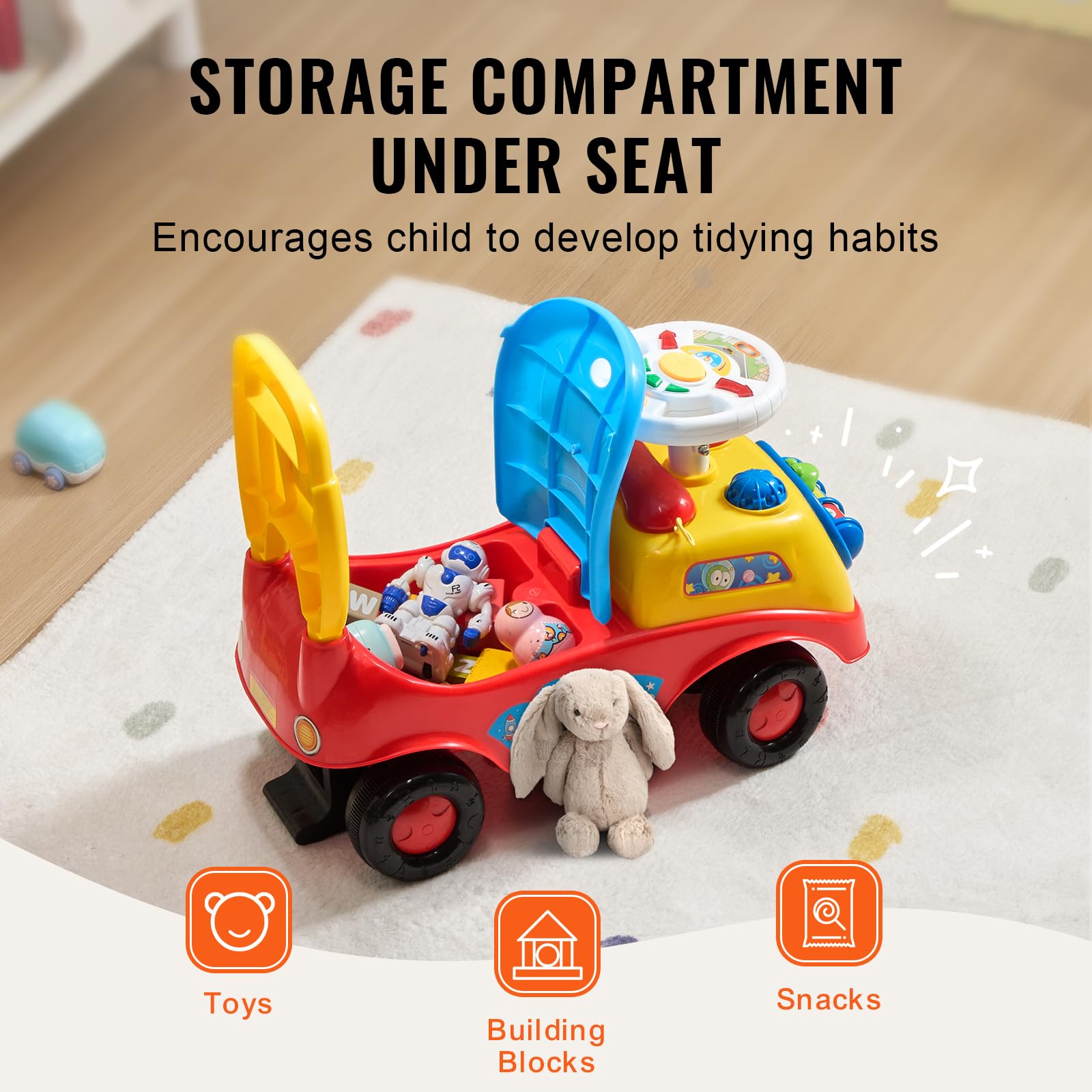 VEVOR Toddler Ride On Push Car for Kids 19+ Months - Sit to Stand Ride Racer Toy with Music, Steering Wheel, Horn & Under Seat Storage - Perfect for Indoor & Outdoor Play - Gift for Boys & Girls