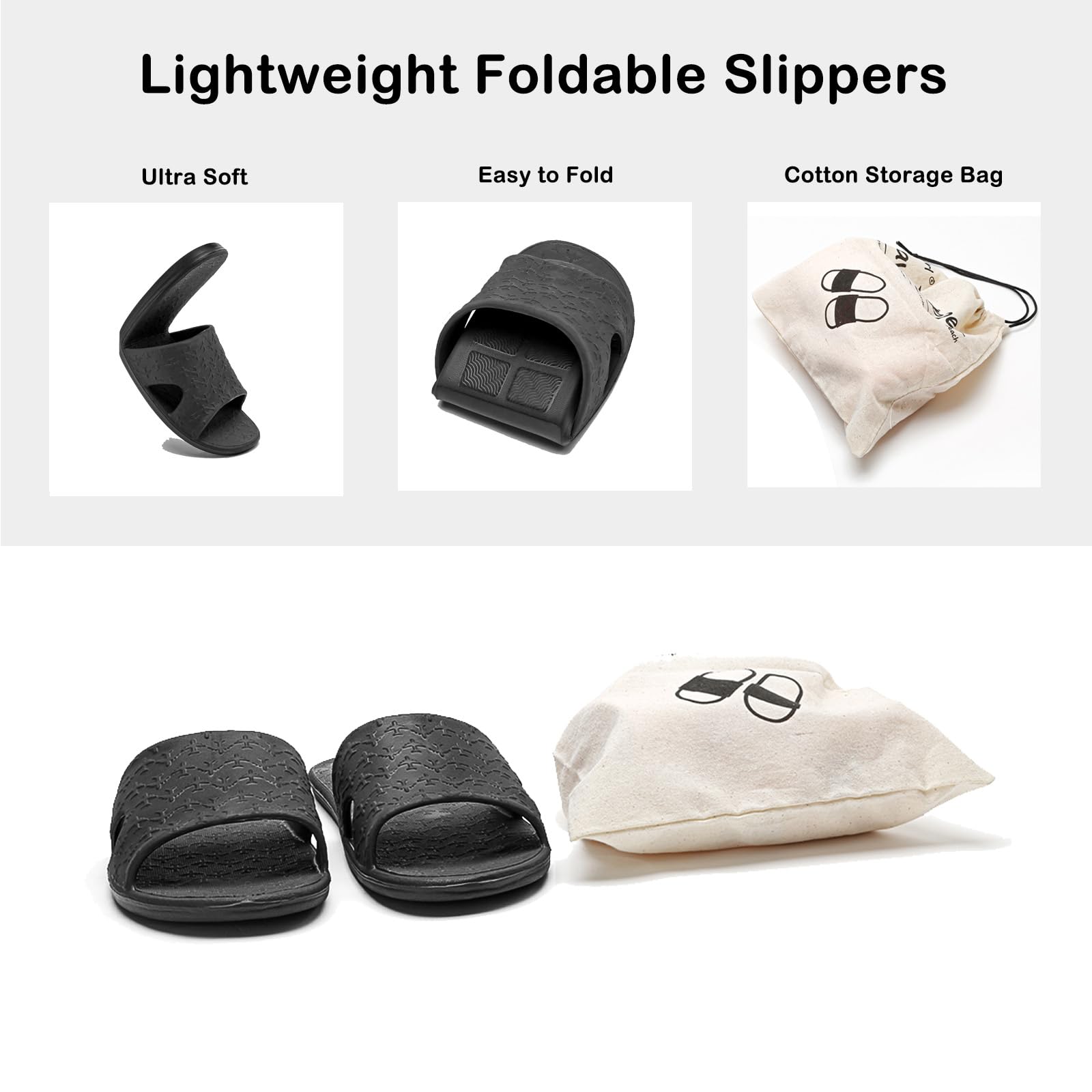 Anmerl Foldable Travel Slippers for Women & Men - Soft Non-Slip Quick Dry House Shoes with Cotton Storage Bag - Perfect for Bathroom, Shower, Spa, Gym, Swimming & Beach